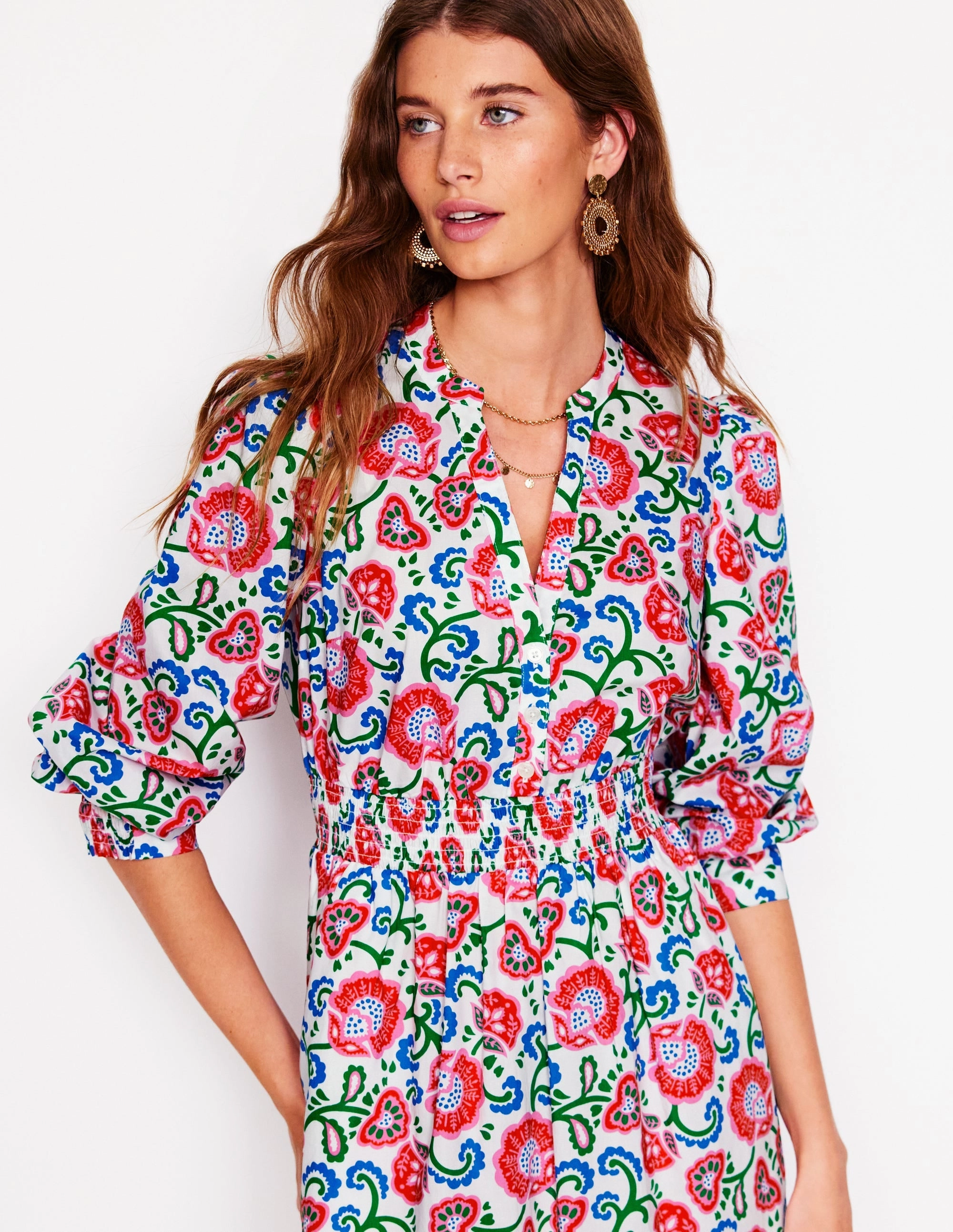 Easy Elegance Elena Tiered Cotton Midi Dress-Ivory, Garden Vine