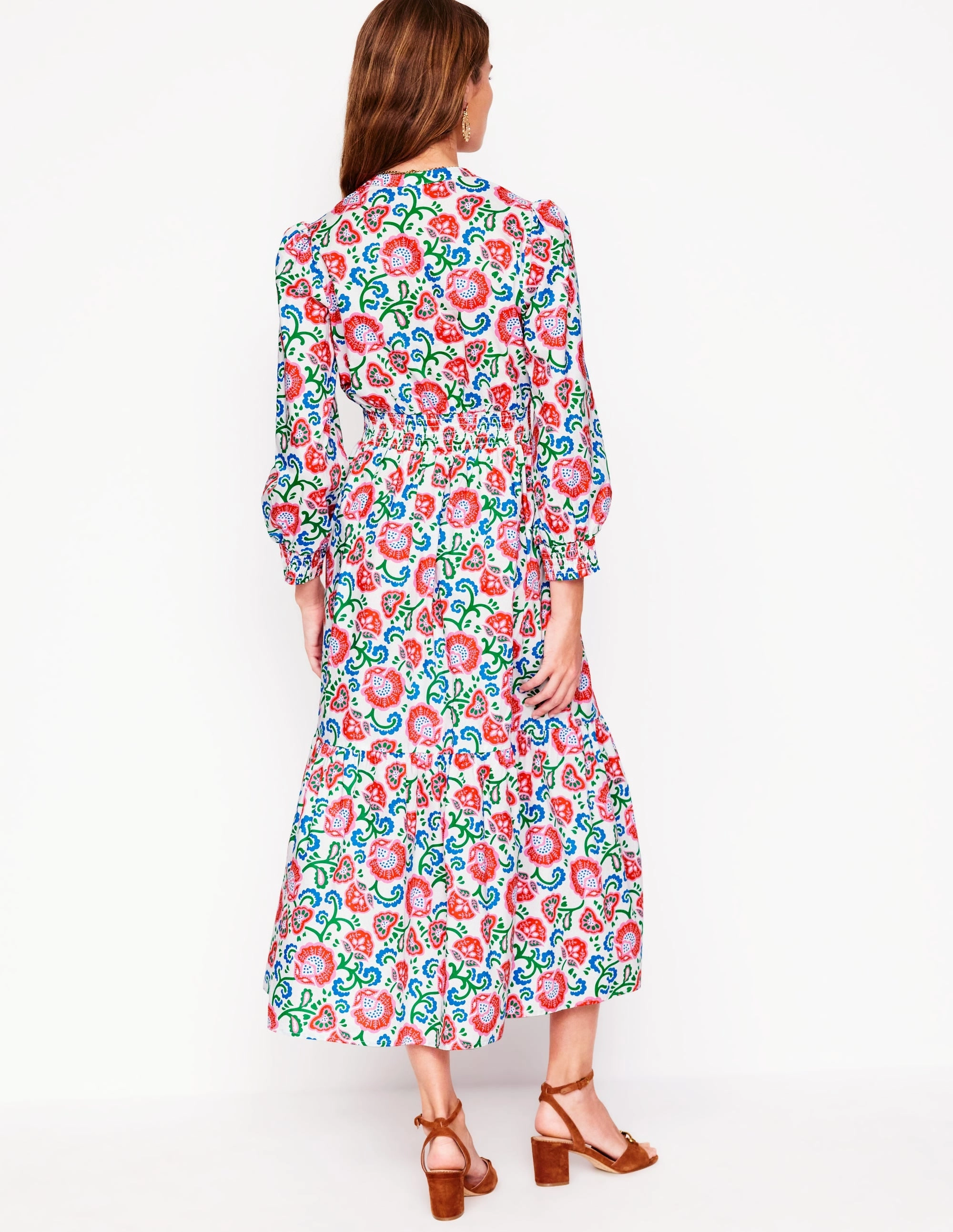 Elena Tiered Cotton Midi Dress-Ivory, Garden Vine Dew Glow