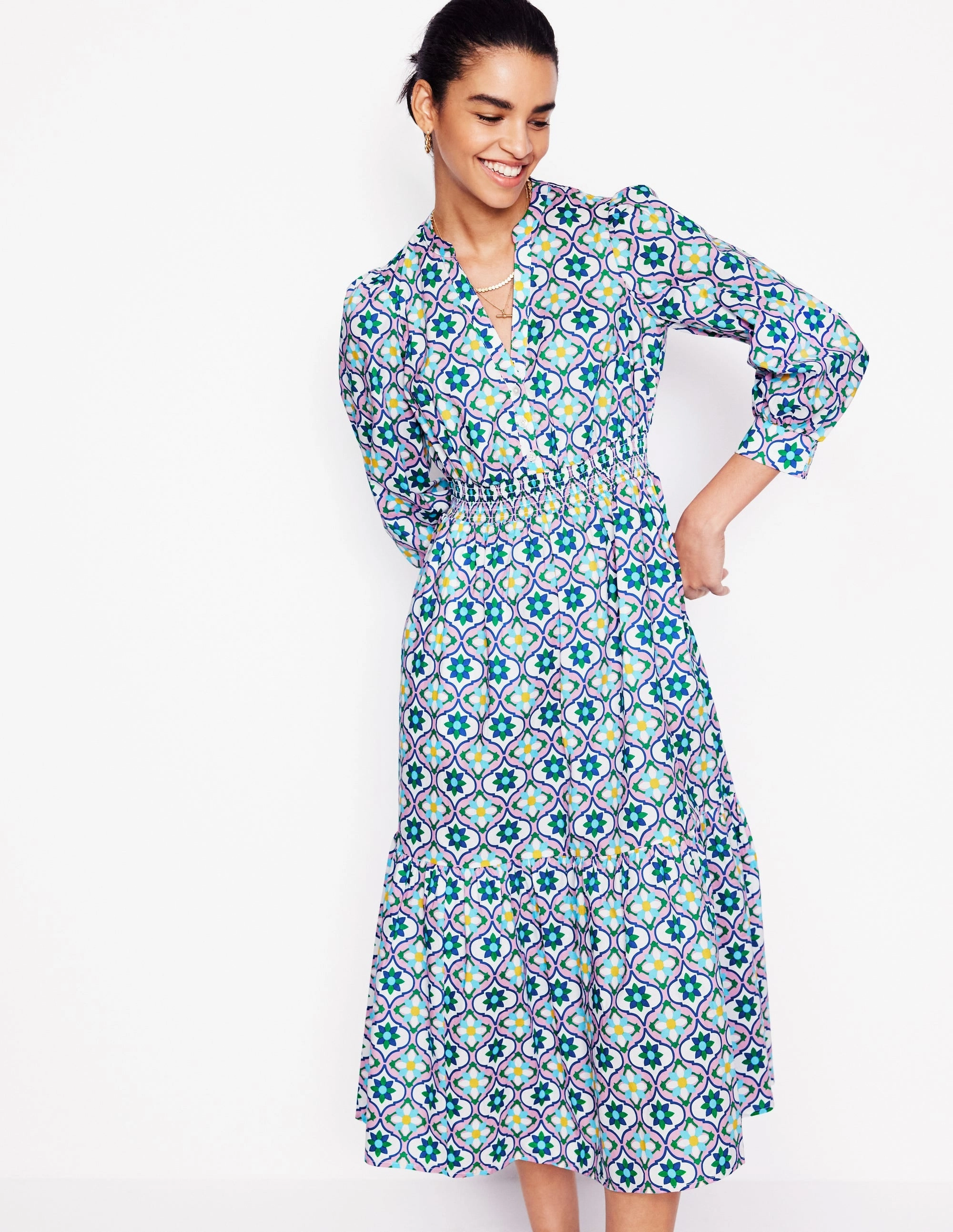 Smooth Wear Elena Tiered Cotton Midi Dress-Multi, Floweret Tile