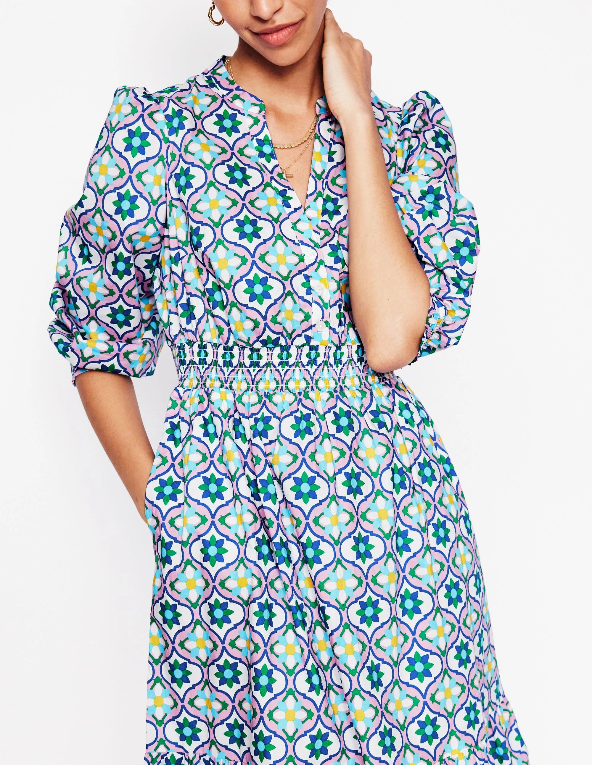 Comfortable and Soft Neutral-Shade Elena Tiered Cotton Midi Dress-Multi, Floweret Tile