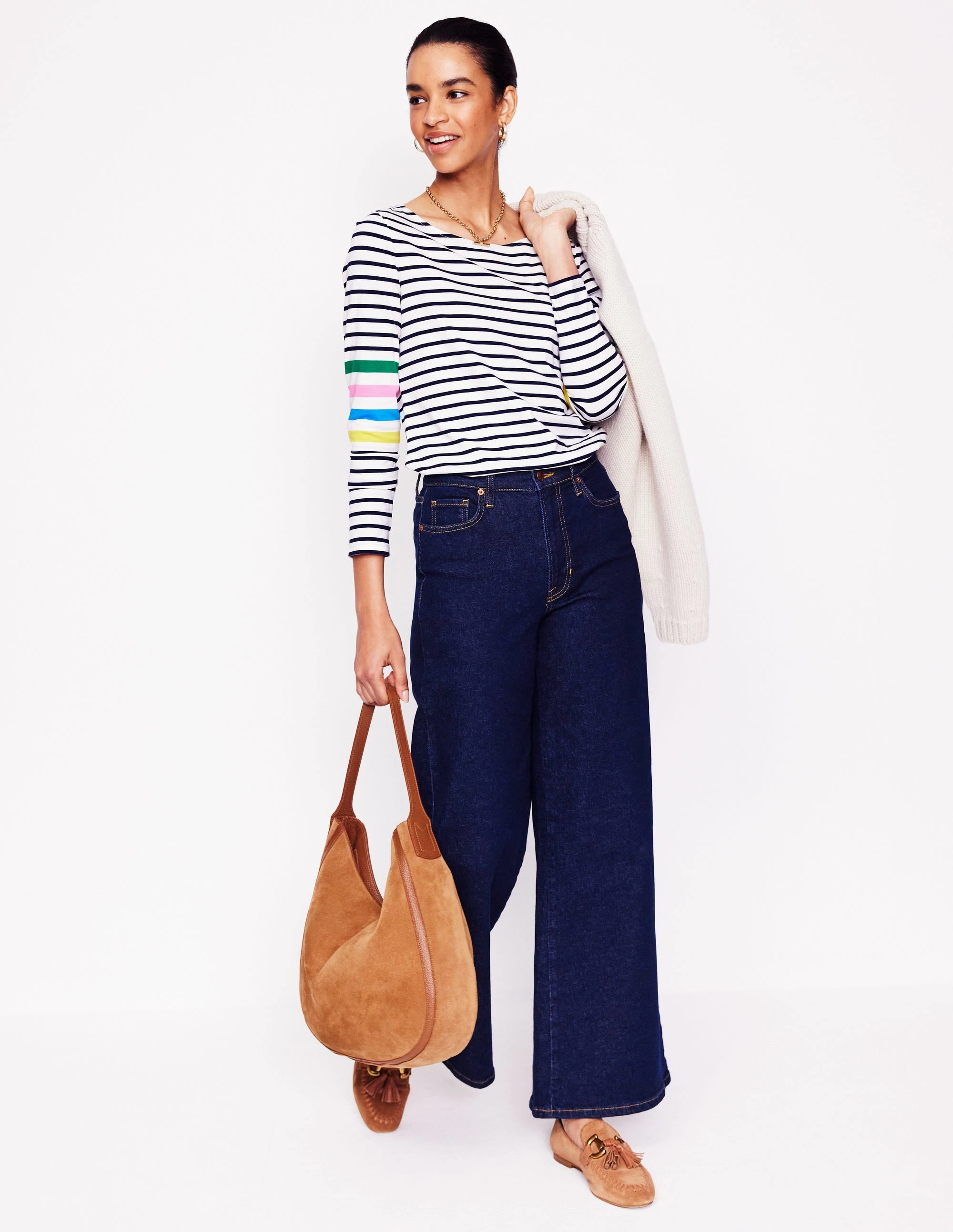 Stretch Jersey Knit Ella Long Sleeve Breton-Ivory Multi Arm Placement