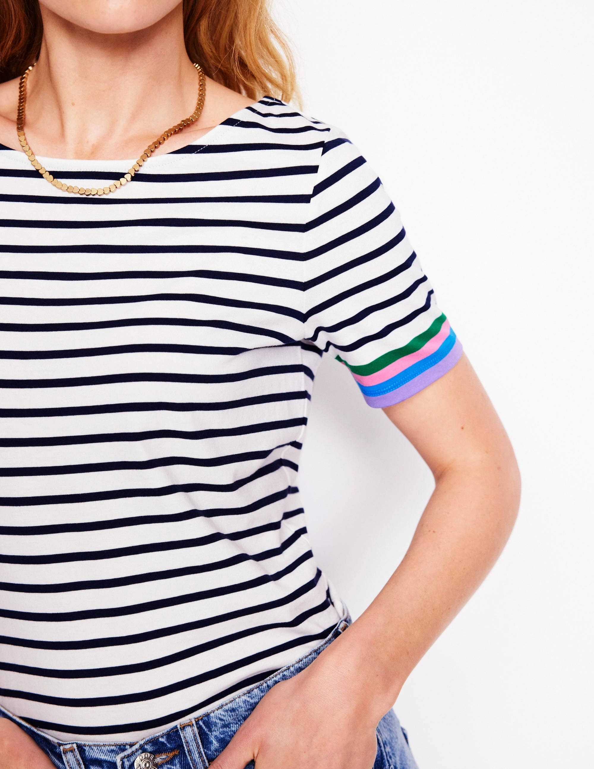 Textured Surface Seasonal Staple Ella Short Sleeve Breton-Emerald, Purple Sleeve Stripe