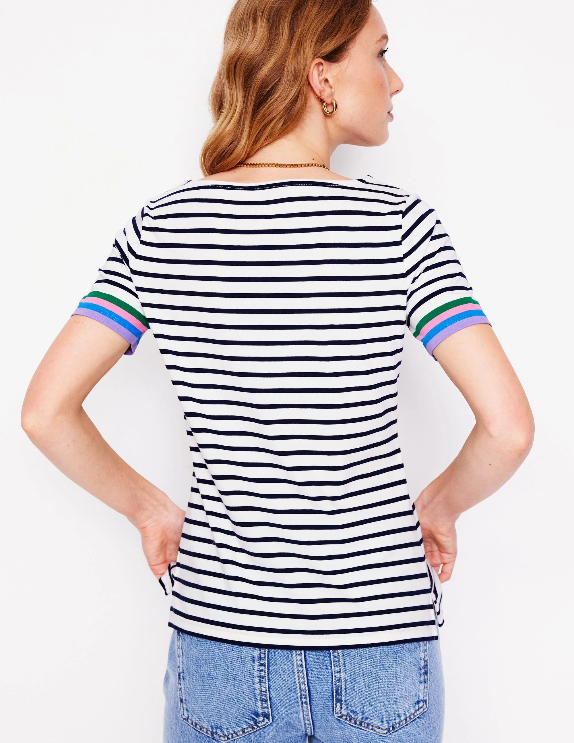 Soft Touch Fit Ella Short Sleeve Breton-Emerald, Purple Sleeve Stripe