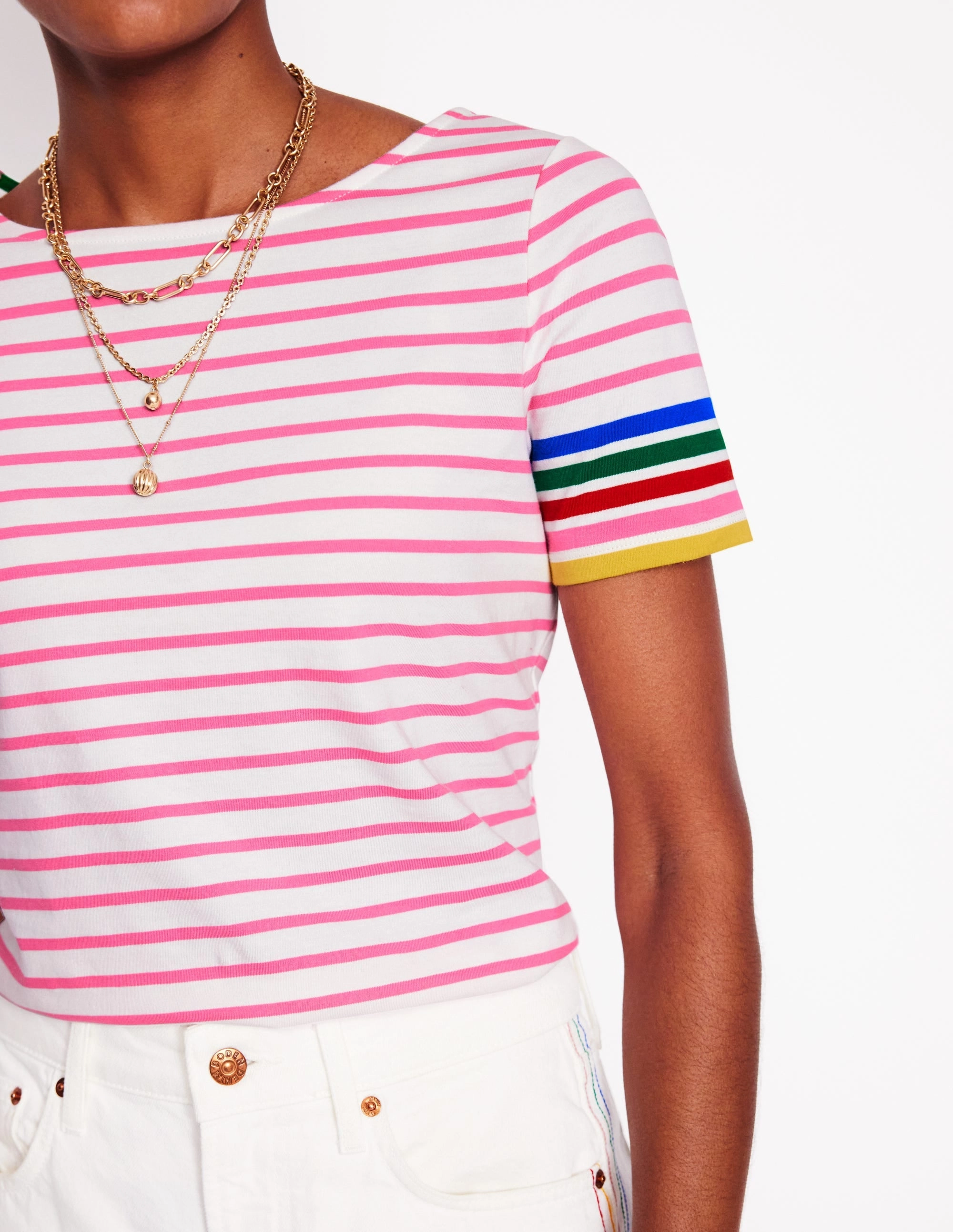 Ella Short Sleeve Breton-Pink Rose Multi Sleeve Stripe Formal Style Stone Wash Process