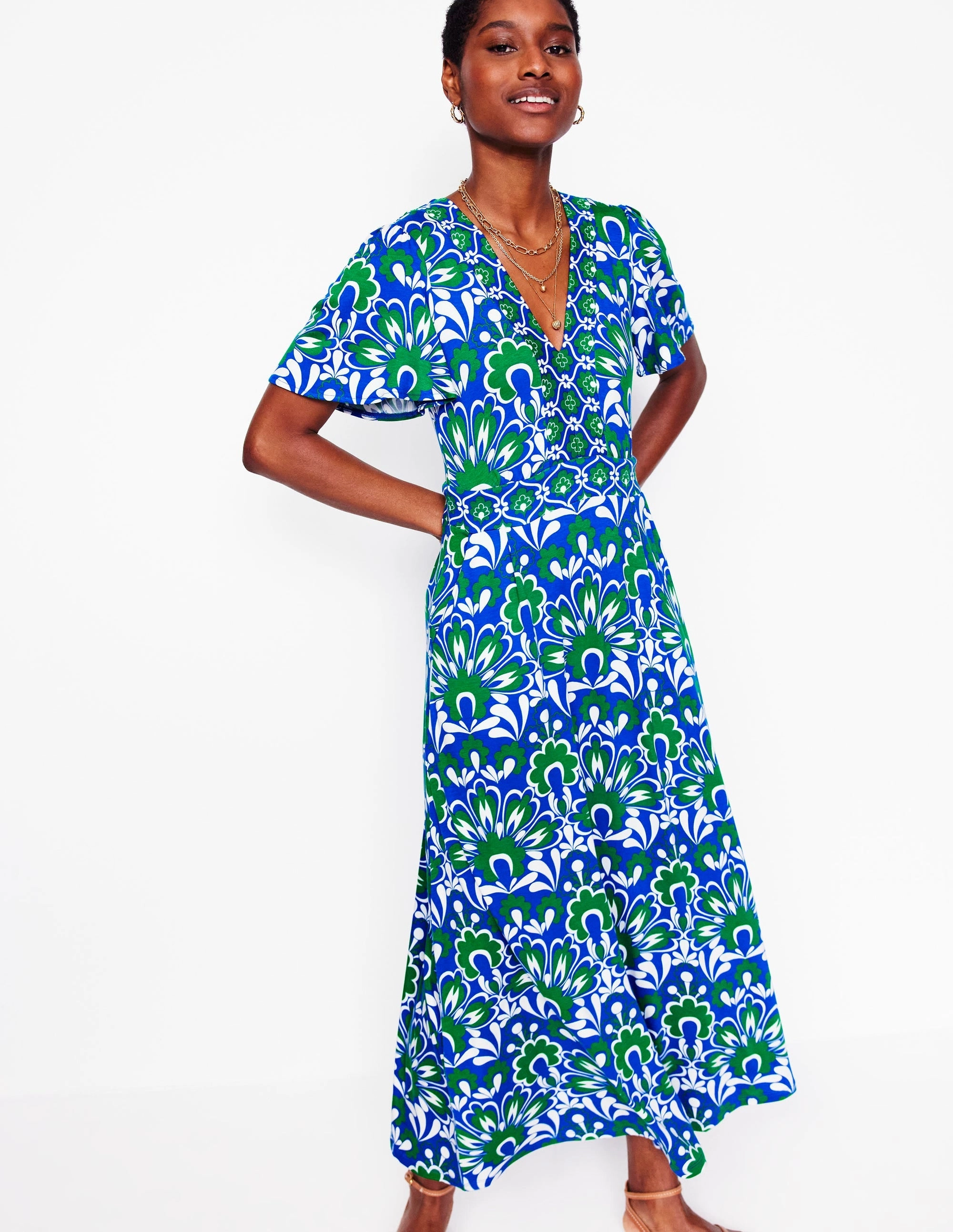 Stylish Wear Ellie Flutter Maxi Tea Dress-Blue, Decorative Dandelion