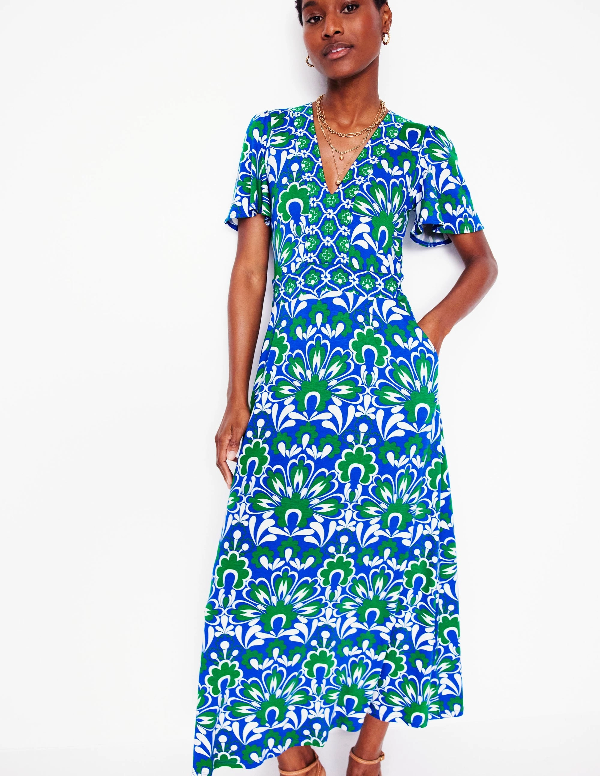 Sophisticated Layers Ellie Flutter Maxi Tea Dress-Blue, Decorative Dandelion