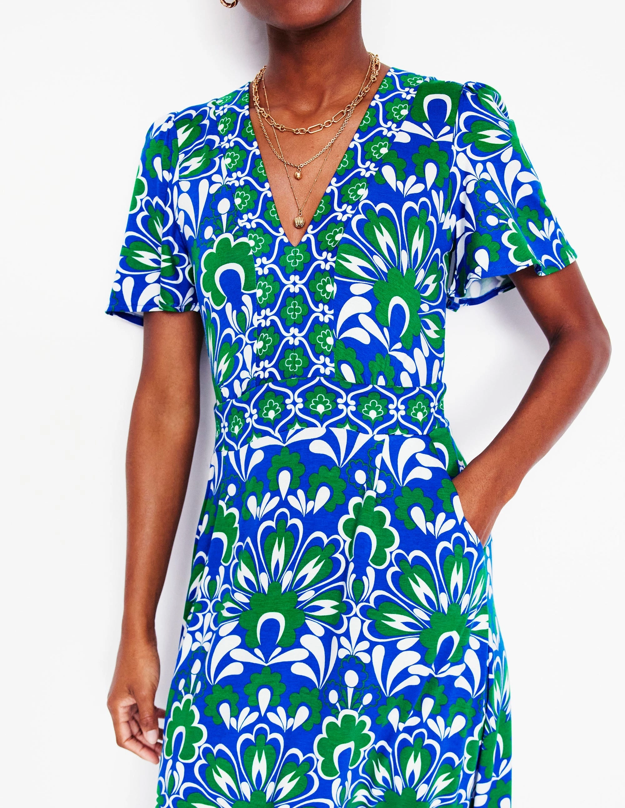 Ellie Flutter Maxi Tea Dress-Blue, Decorative Dandelion Fine Details Smooth-Lining