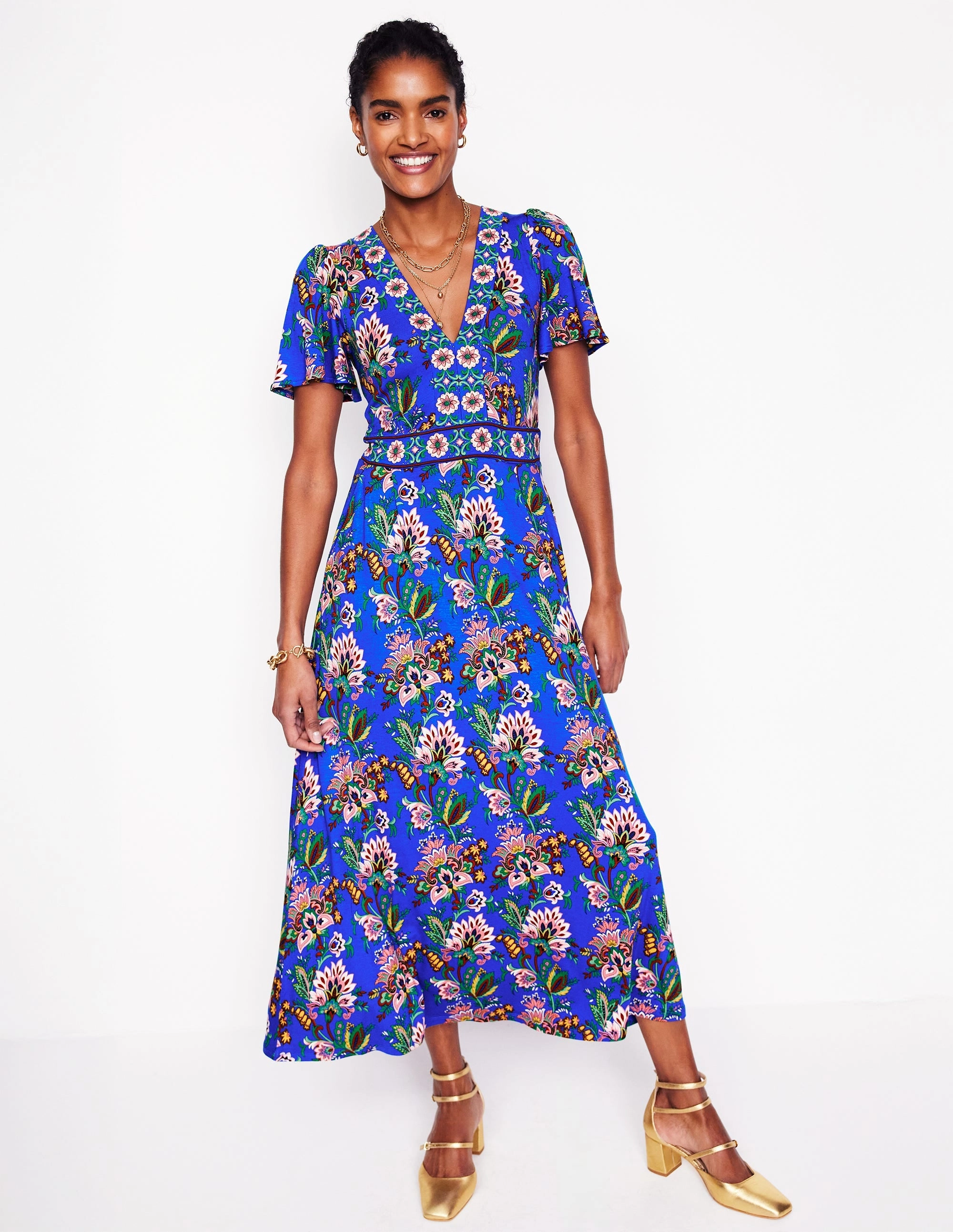 Ellie Flutter Maxi Tea Dress-Gallery Blue, Botanica Terrace Bold Color Semi Formal