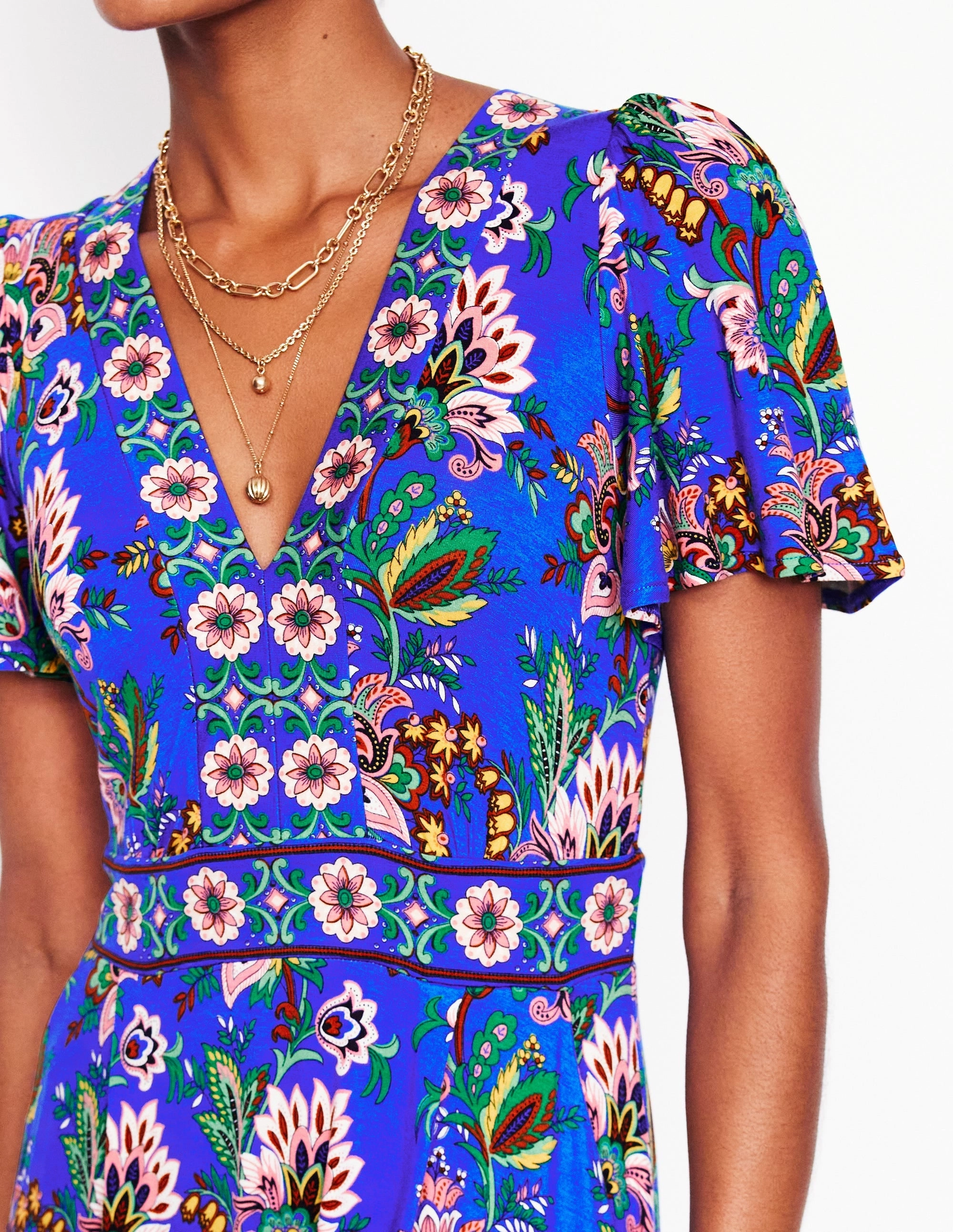 Elegant Line Premium Quality Ellie Flutter Maxi Tea Dress-Gallery Blue, Botanica Terrace