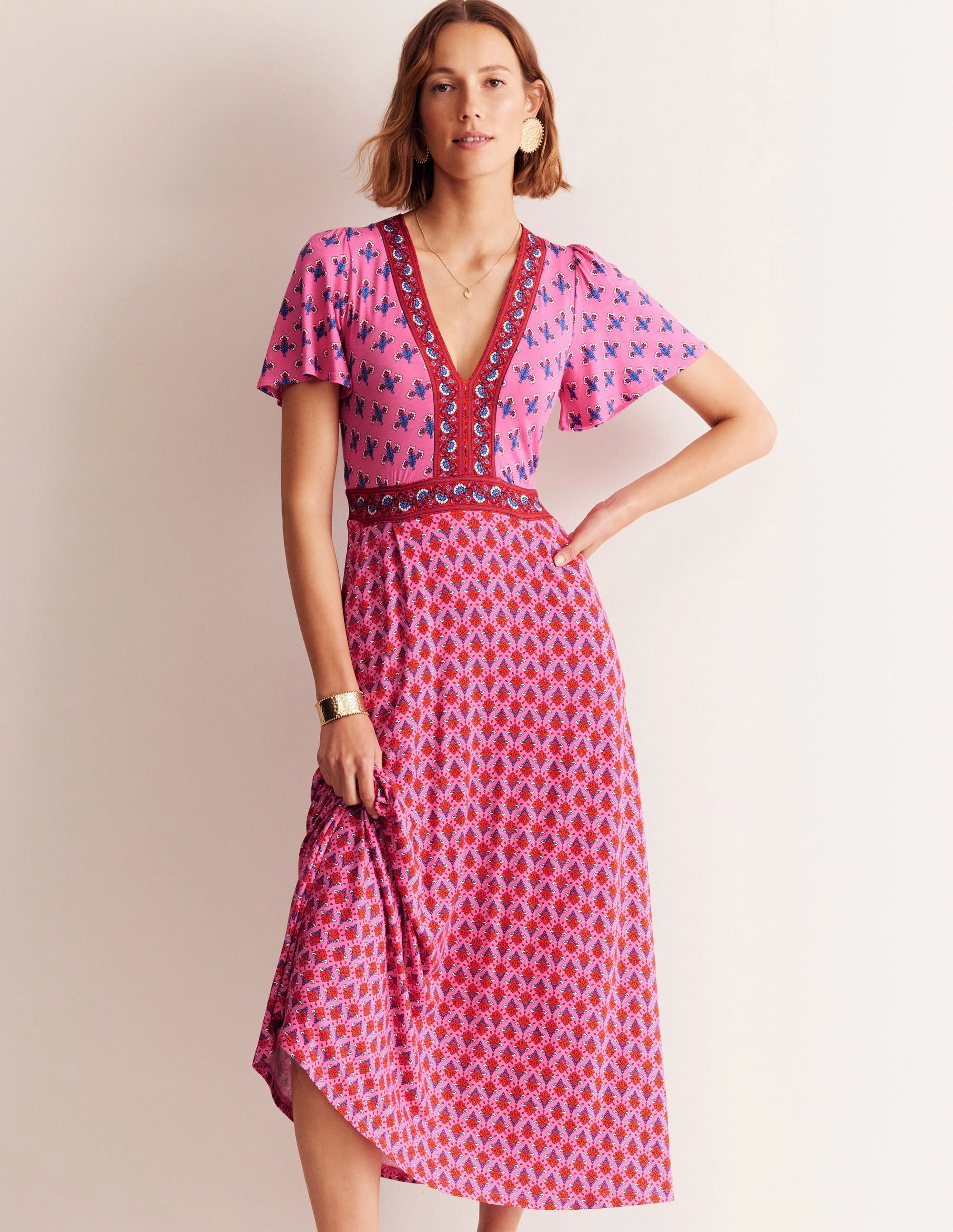 Side-Slit Ellie Flutter Maxi Tea Dress-Sangria Sunset, Petal Charm