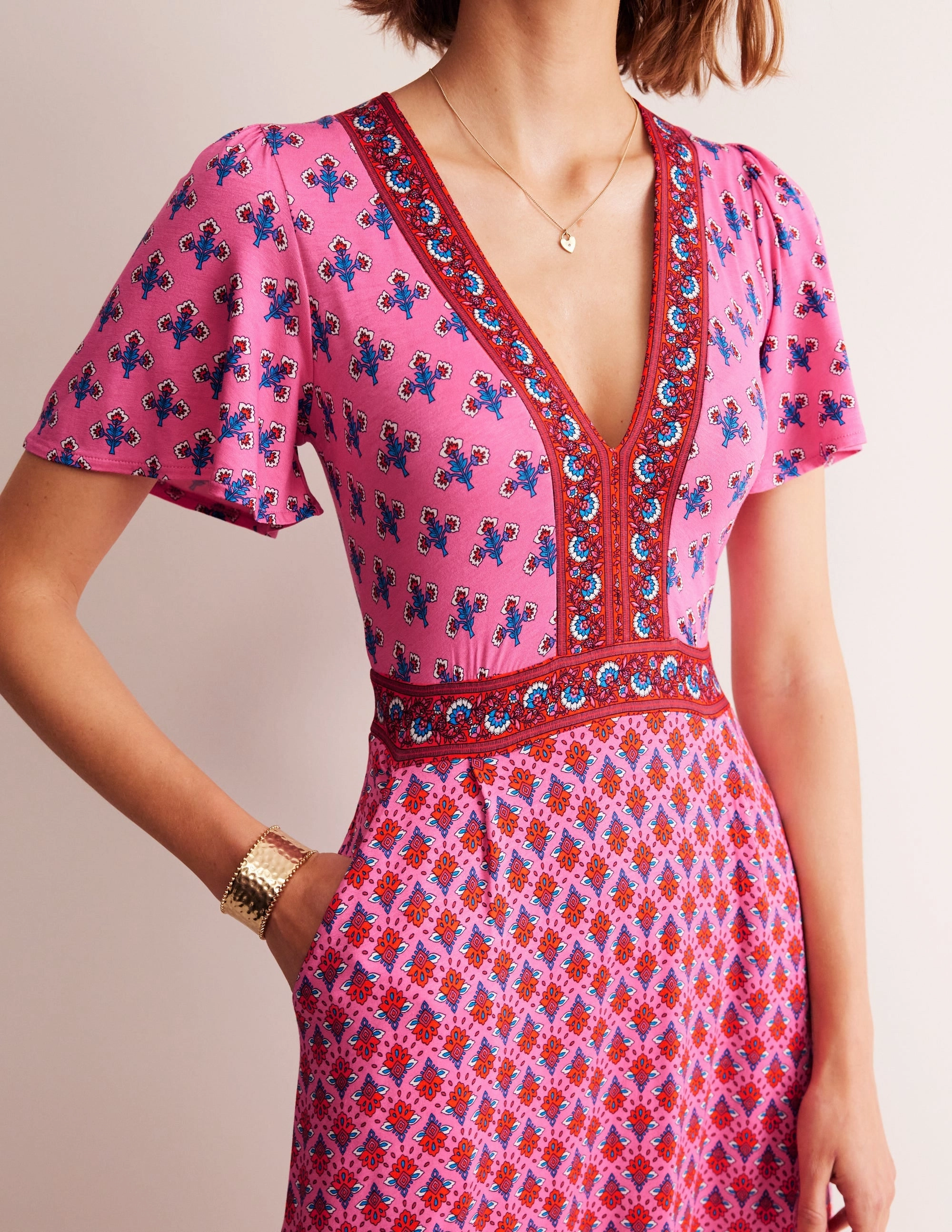 Gentle Drape Ellie Flutter Maxi Tea Dress-Sangria Sunset, Petal Charm