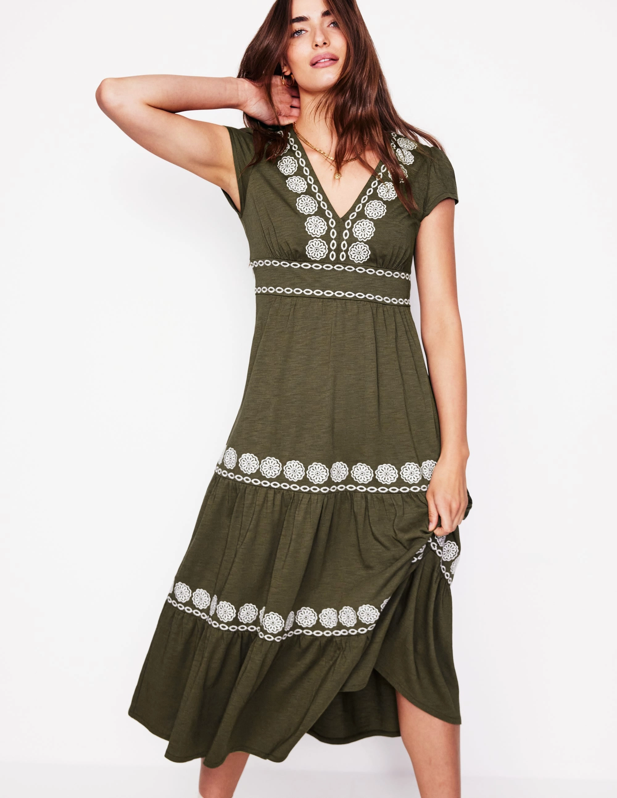 Pure Fit Eloise Embroidered Midi Dress-Classic Khaki