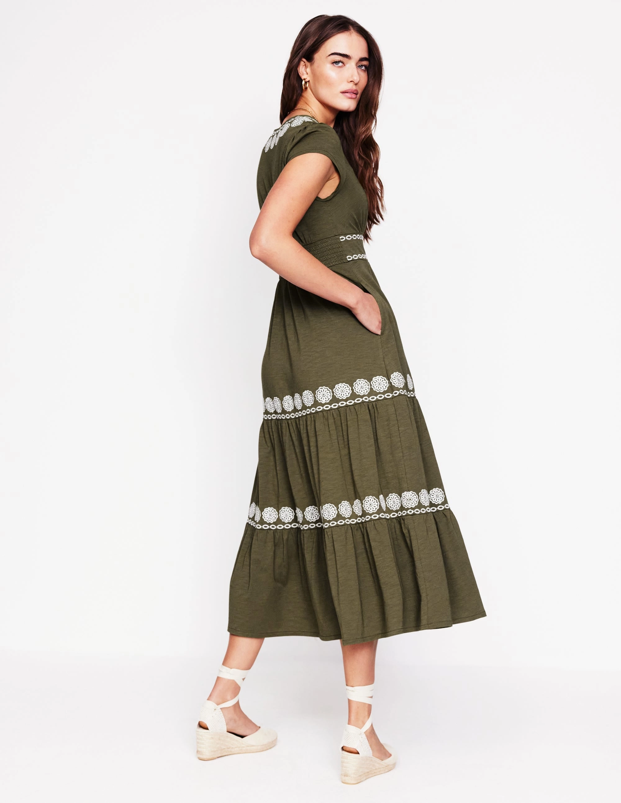 Eloise Embroidered Midi Dress-Classic Khaki Contemporary Layer