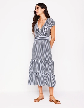 Relaxed and stylish Office Mood Eloise Tiered Jersey Dress-French Navy and Ivory Stripe