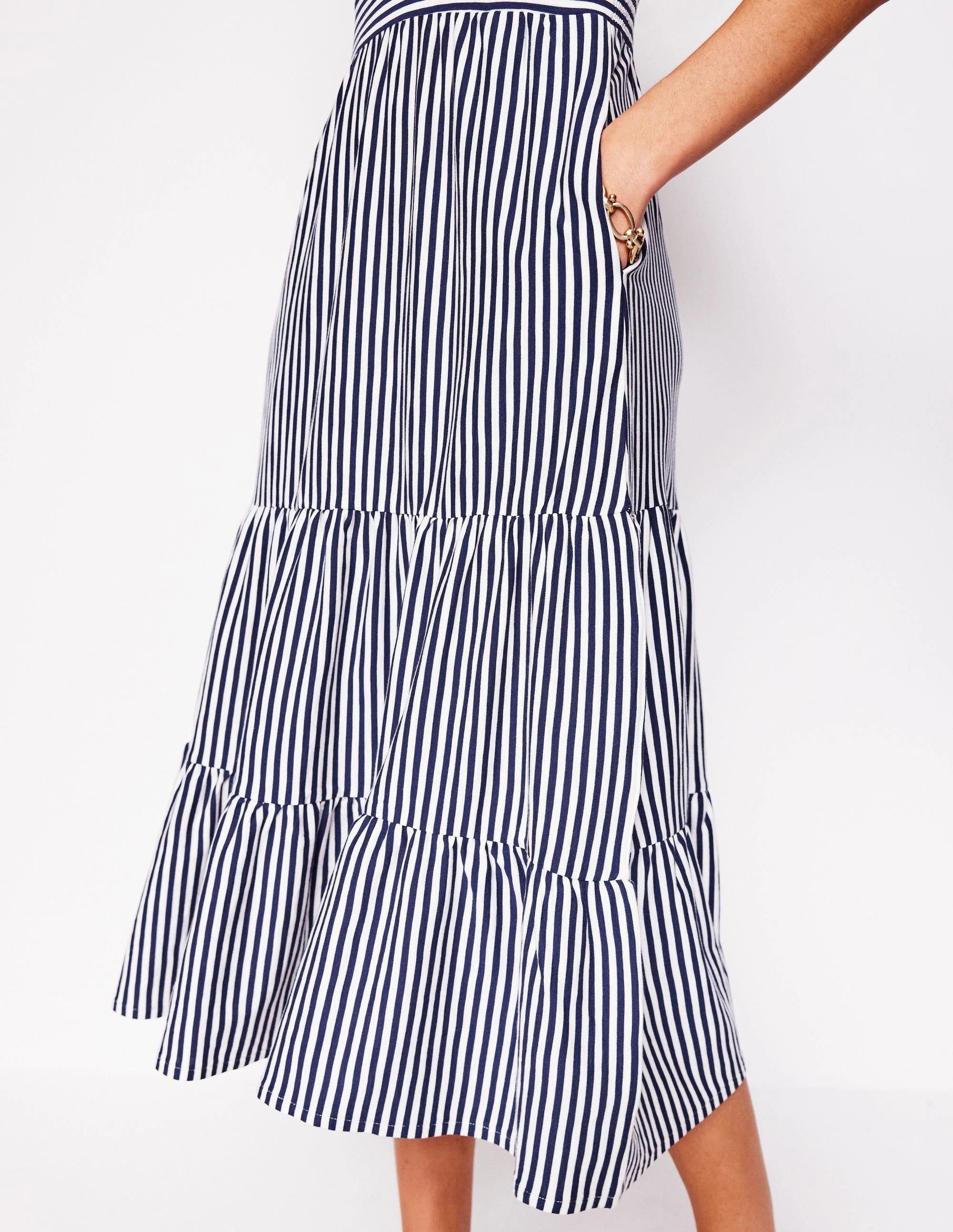Fashionable appearance Smart and Stylish Eloise Tiered Jersey Dress-French Navy and Ivory Stripe