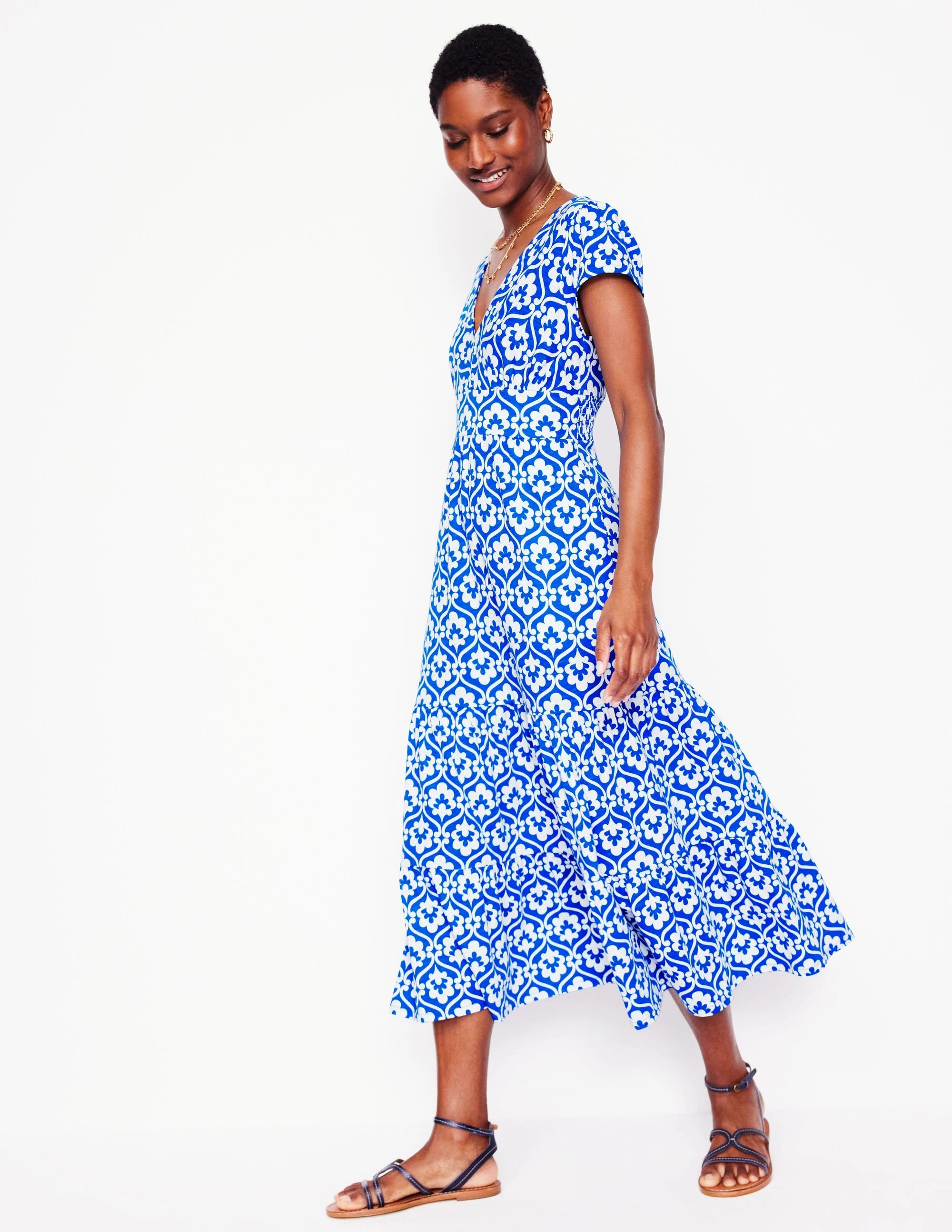 Quilted-Lining Eloise Tiered Jersey Dress-Gallery Blue, Ivy Trellis