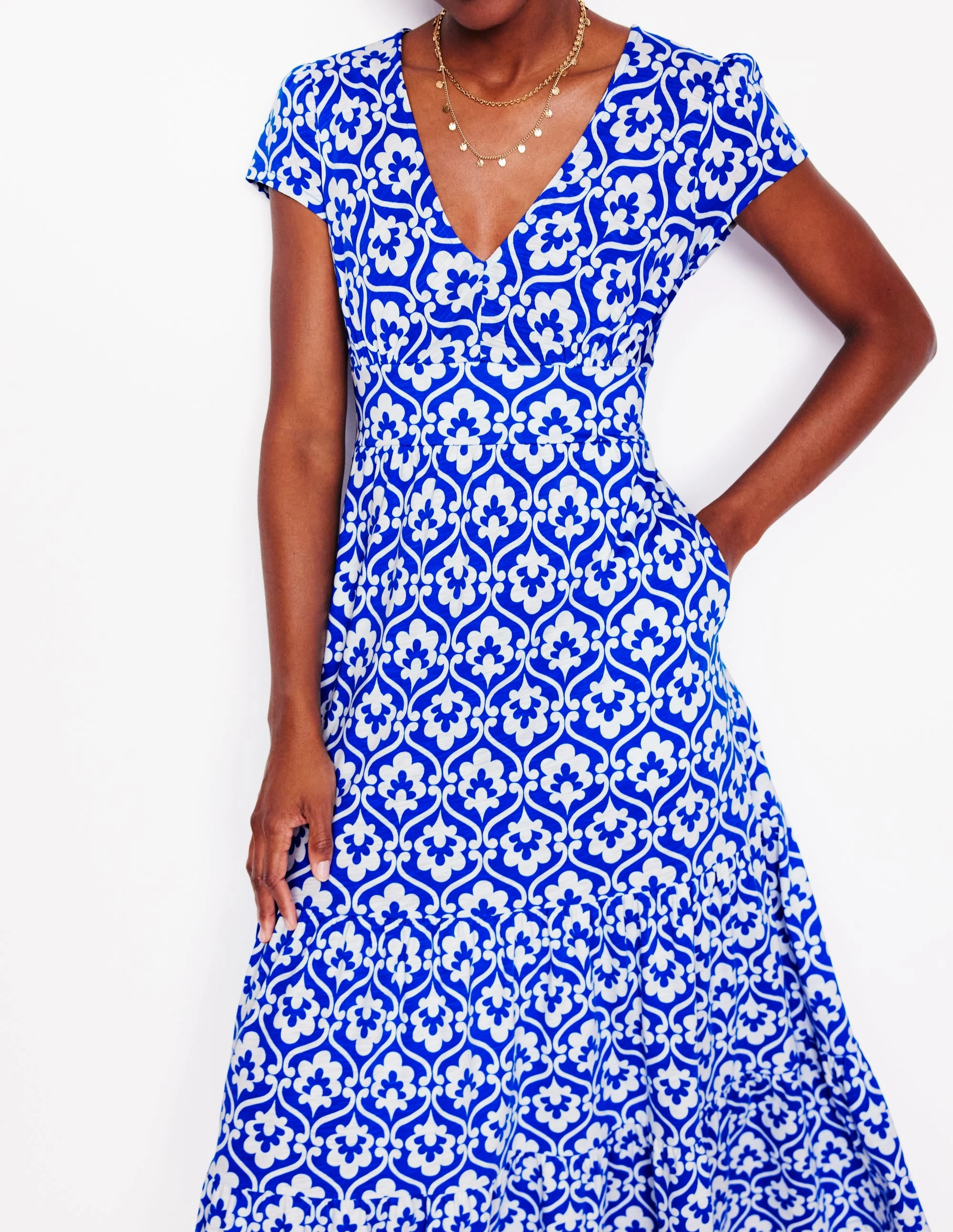 Eloise Tiered Jersey Dress-Gallery Blue, Ivy Trellis Smart Edge