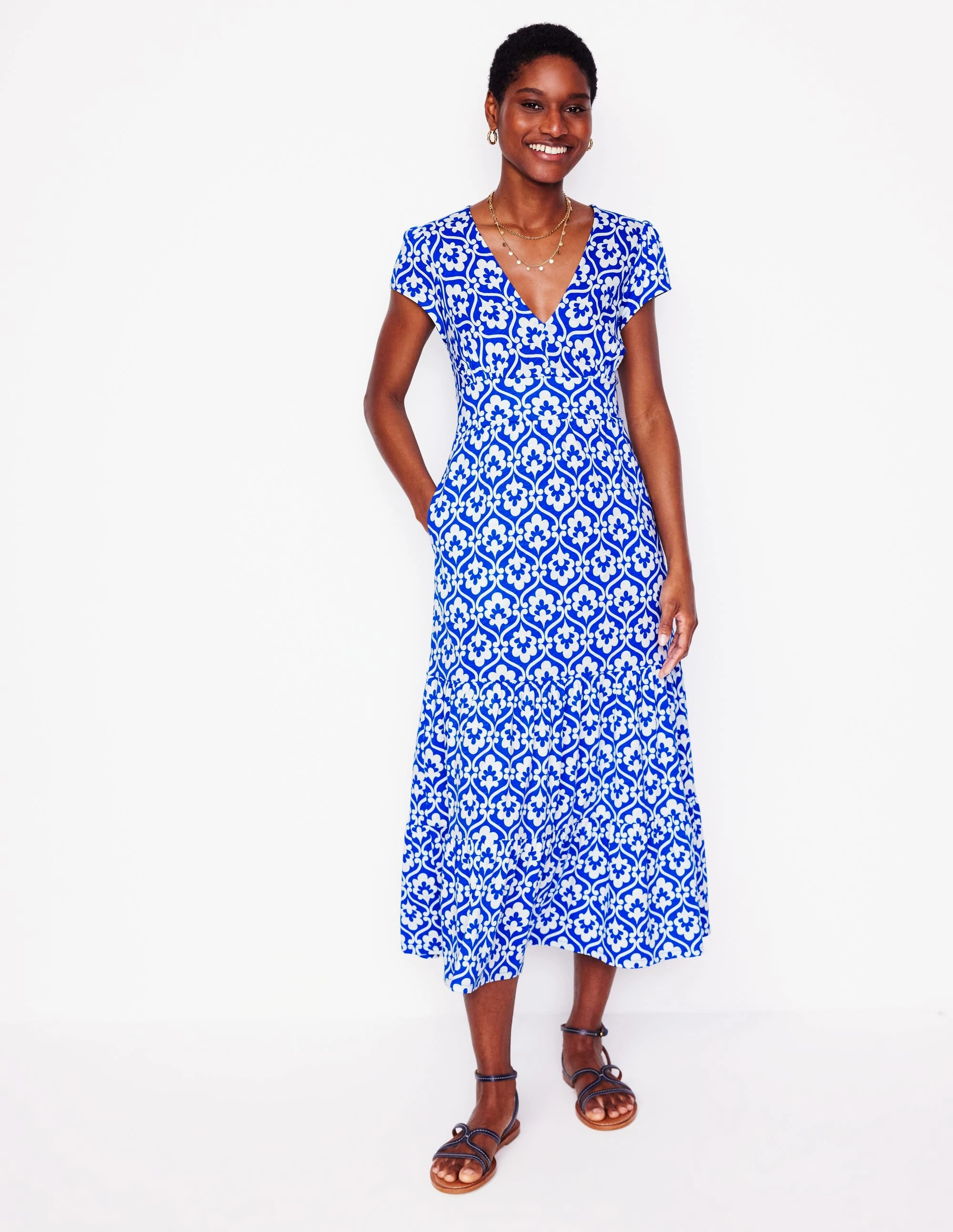 Easy Comfort Anniversary-Event Eloise Tiered Jersey Dress-Gallery Blue, Ivy Trellis