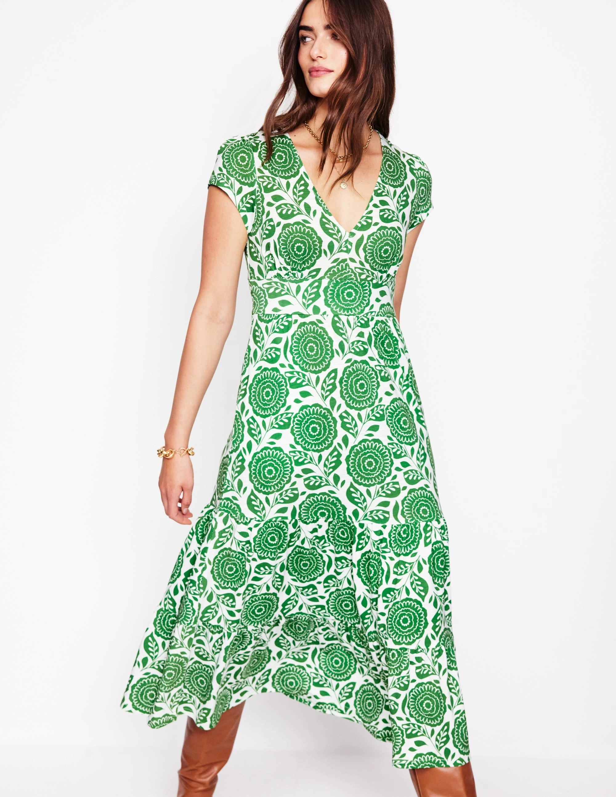Eloise Tiered Jersey Dress-Paradise Green, Dahlia Stamp Breathable Wearable