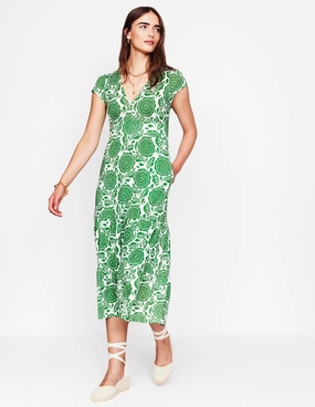 Eloise Tiered Jersey Dress-Paradise Green, Dahlia Stamp Tactile Feel Silky Touch