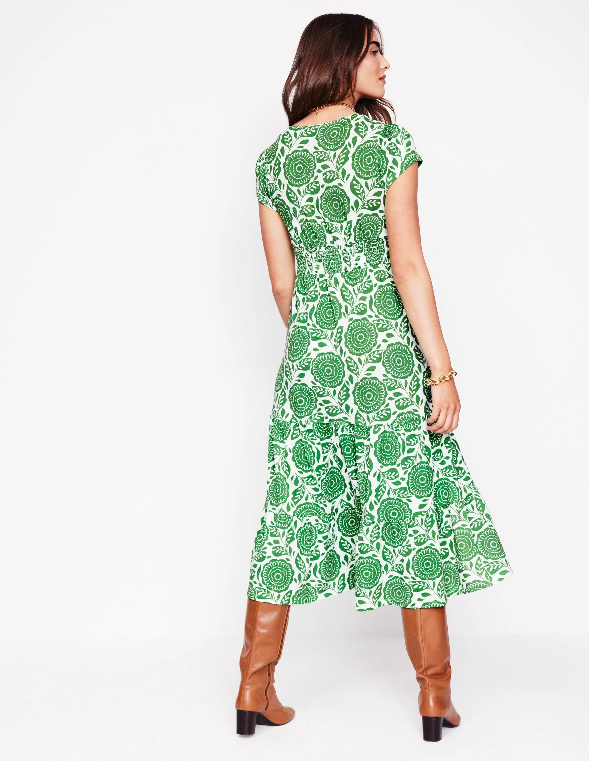 Texture Flow Chic Everyday Wear Eloise Tiered Jersey Dress-Paradise Green, Dahlia Stamp