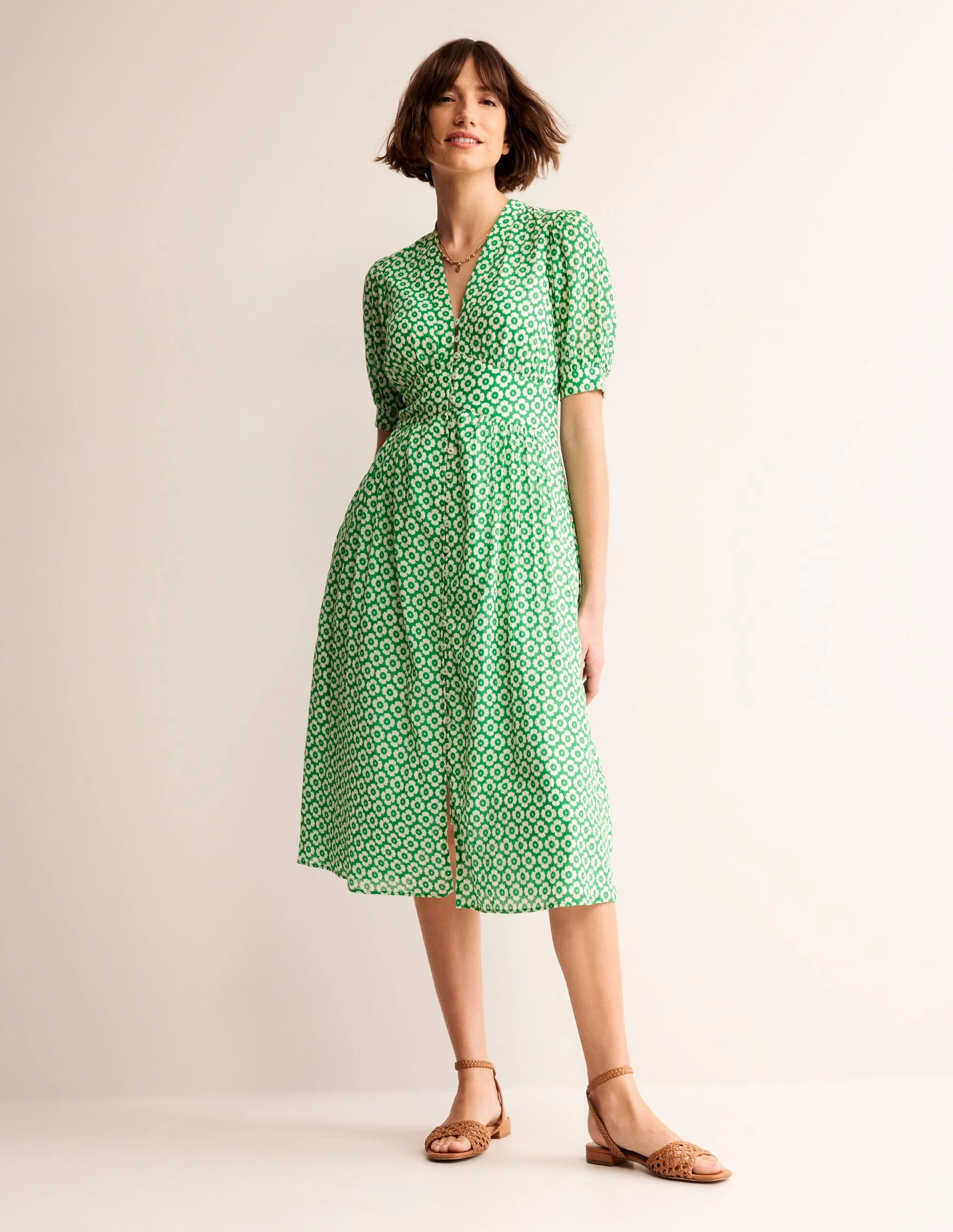 Comfy Design Texture Flow Elsa Crinkle Midi Tea Dress-Green Tambourine, Primrose