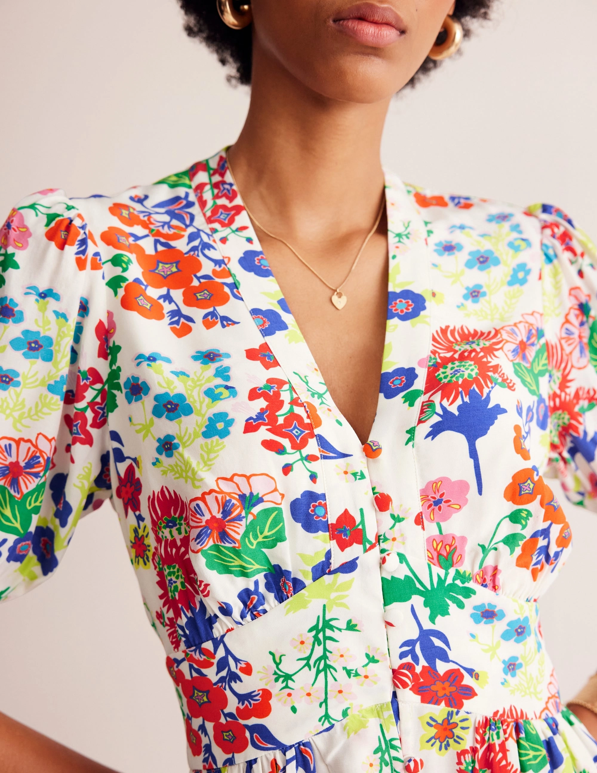 Elsa Midi Tea Dress-Multi, Wildflower Cluster Contemporary Design Panelled-Design