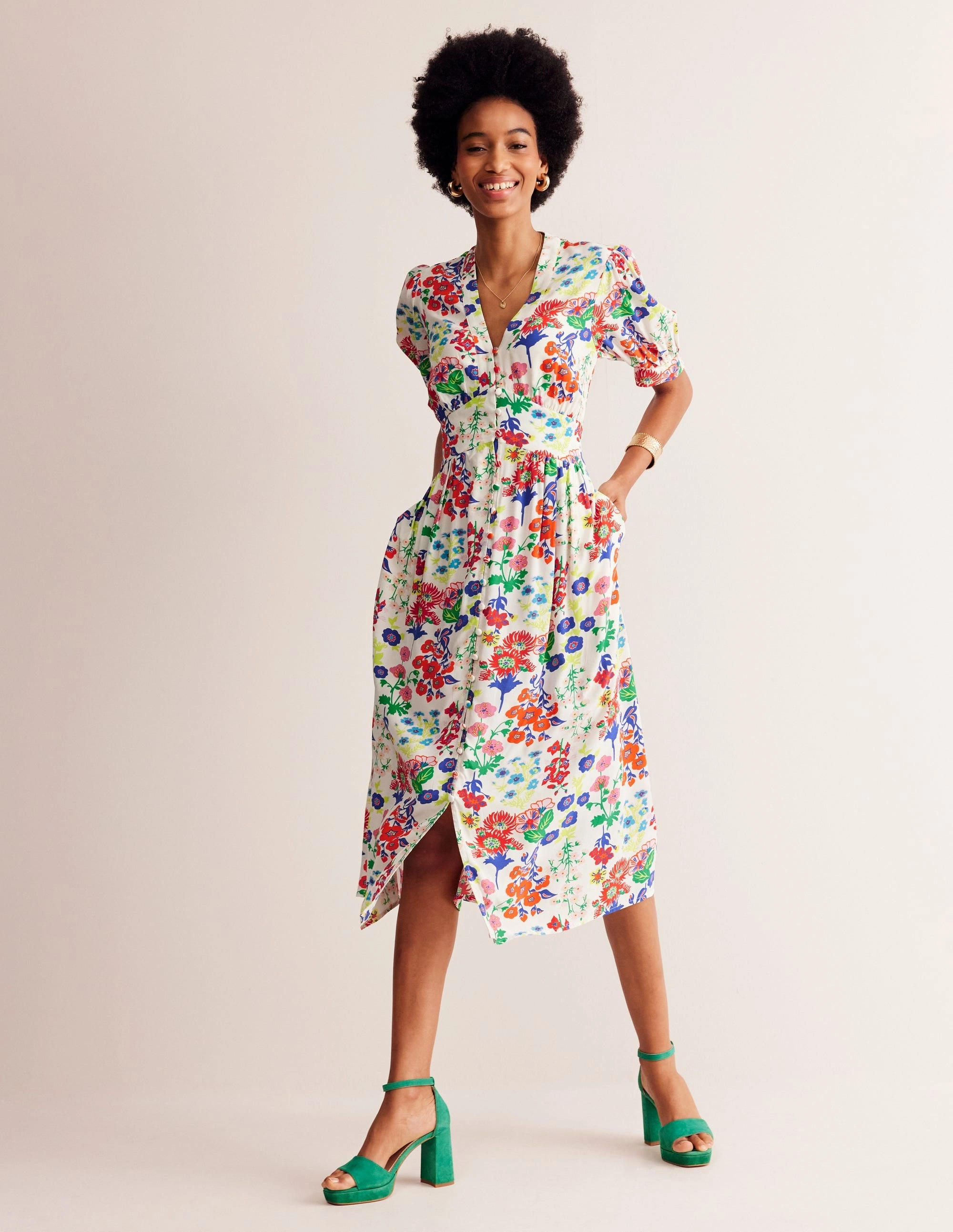 Easy Lovely Comfortable Style Elsa Midi Tea Dress-Multi, Wildflower Cluster