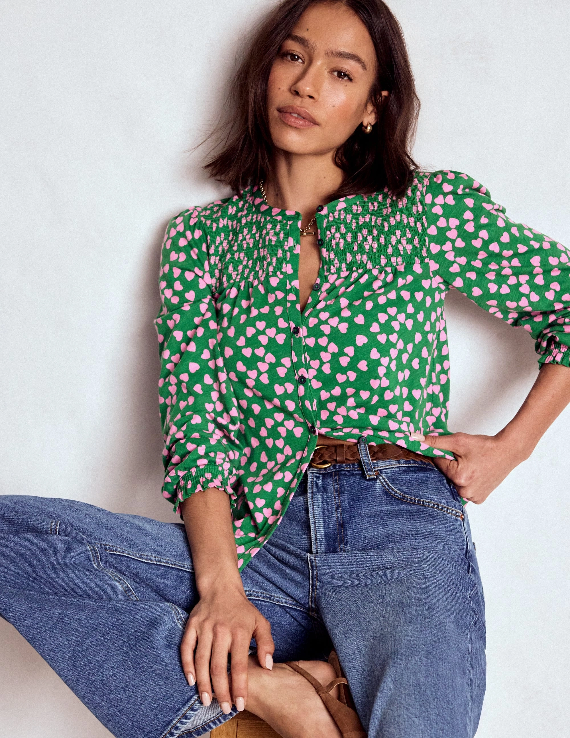 Elsa Smocked Yoke Jersey Shirt-Highland Green, Heart Cascade Quick Fit Design Wrinkle Resistant Finish