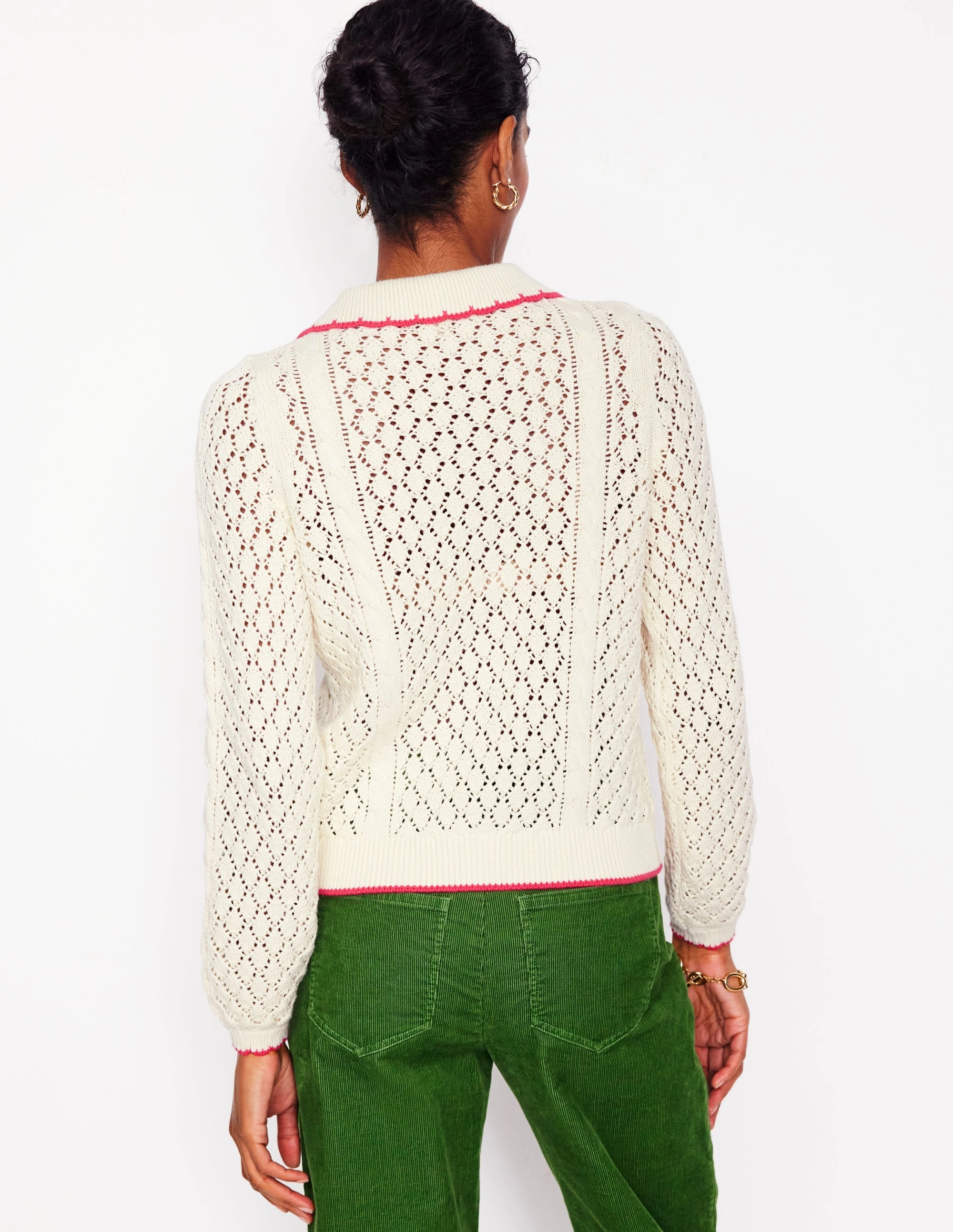 Embroidered Cotton Cardigan-Warm Ivory Anytime Fit LowMaintenance Fabric
