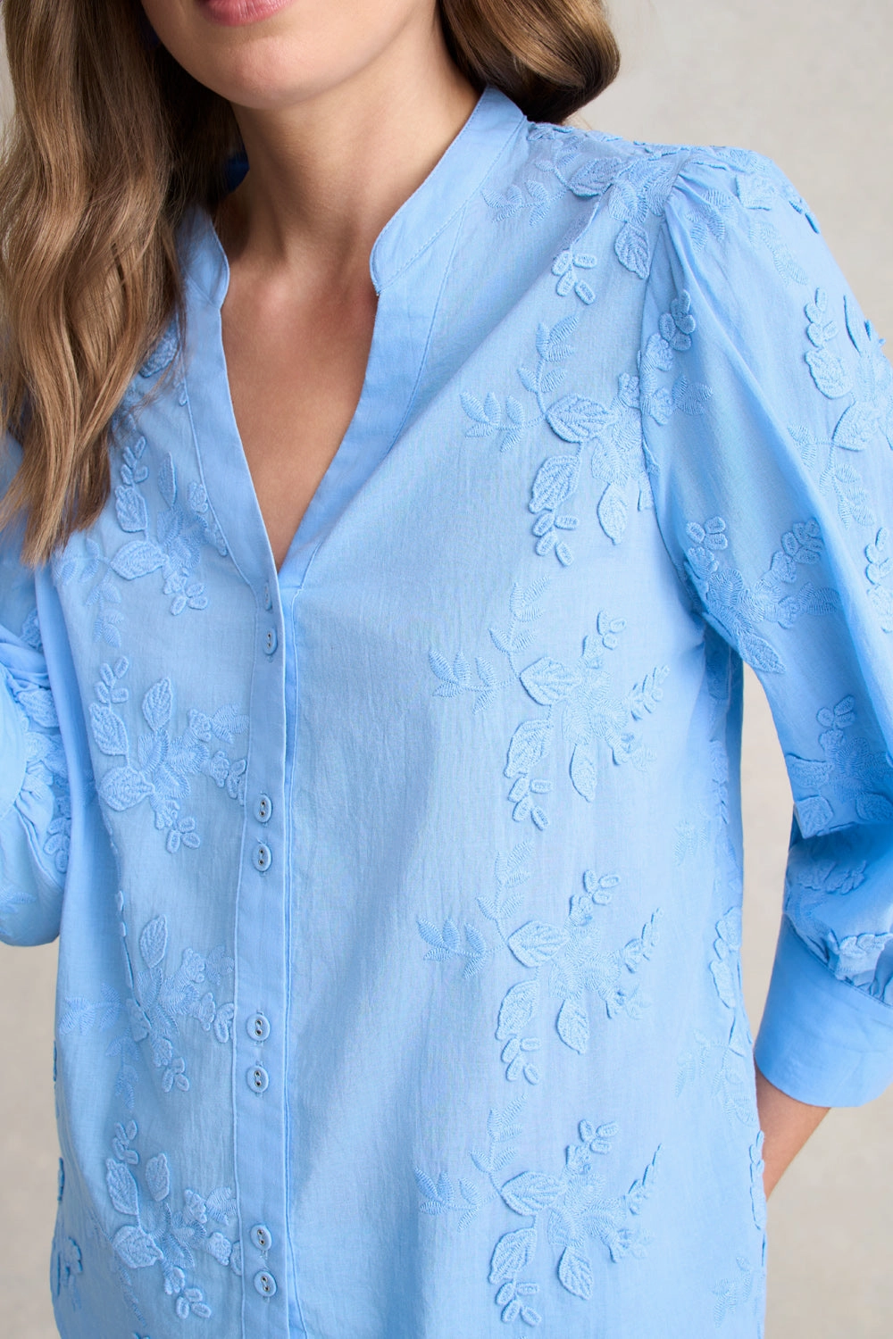 Embroidered Cotton Shirt ?C Periwinkle Blue Ribbed collar
