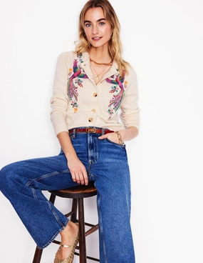 Embroidered Crew Neck Cardigan-Warm Ivory, Peacock Interlock Knit Body