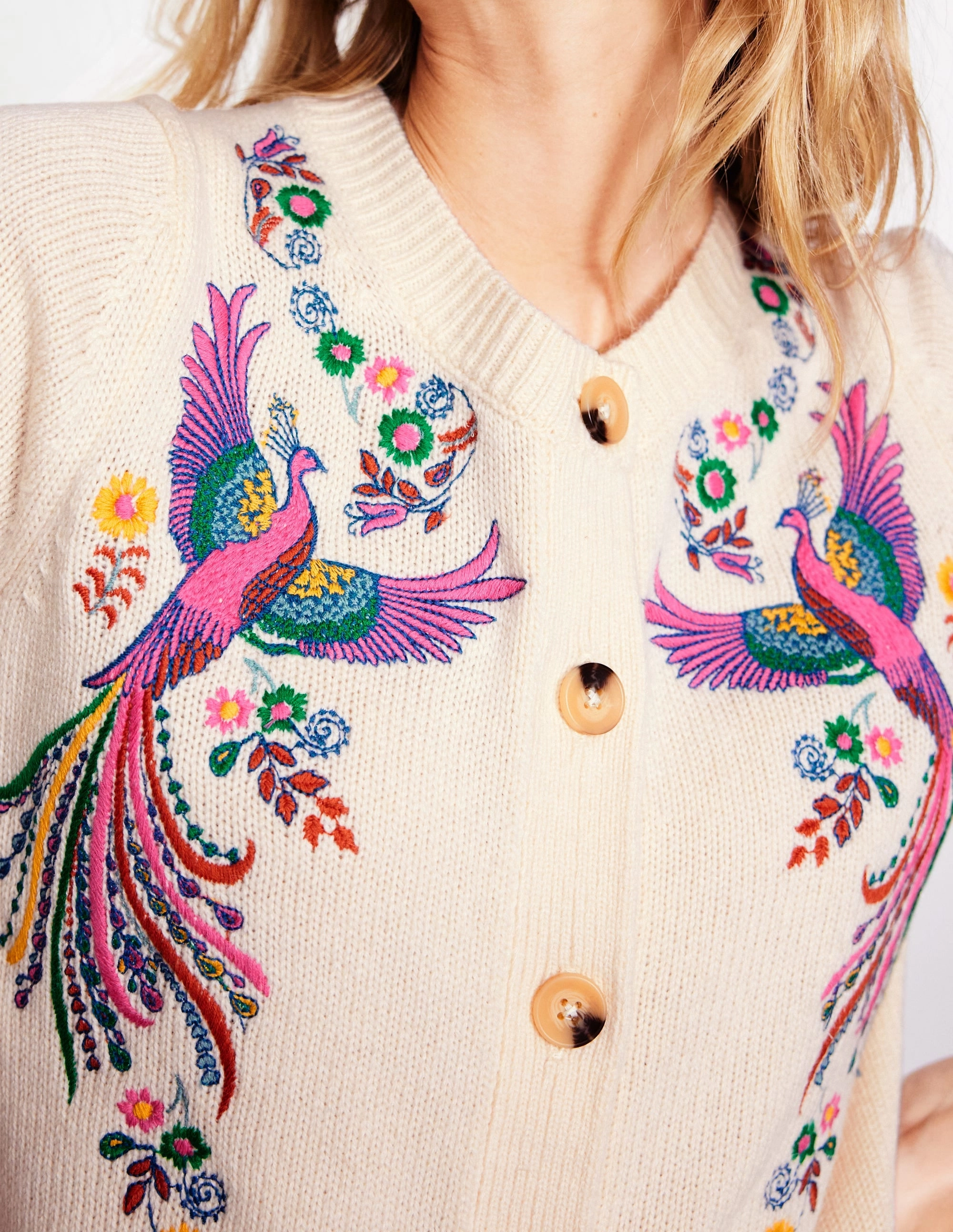 Anti Static Technology Embroidered Crew Neck Cardigan-Warm Ivory, Peacock