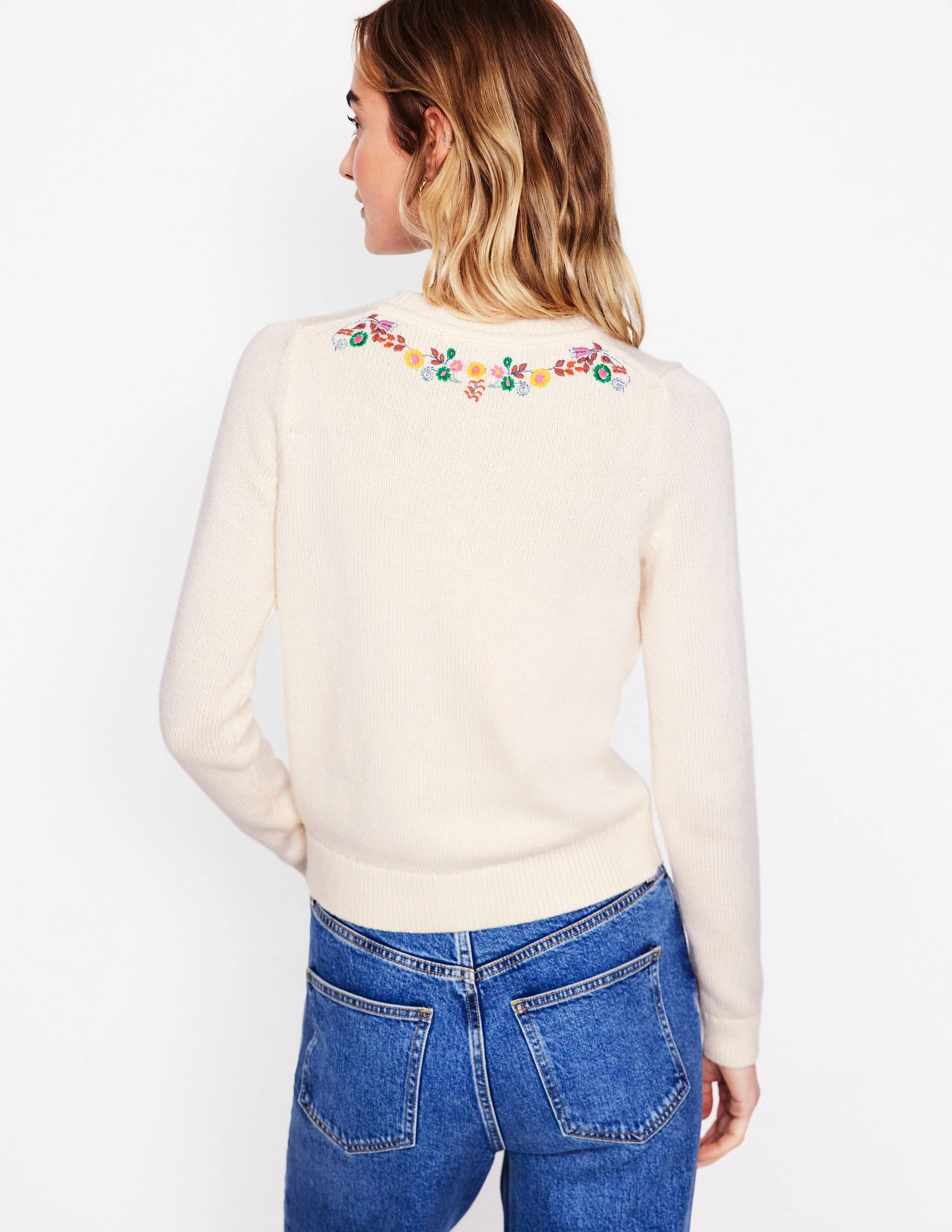 FastDrying Textured Weave Embroidered Crew Neck Cardigan-Warm Ivory, Peacock