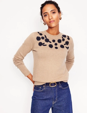 Embroidered Floral Jumper-Camel Melange UVProtective Knit Density