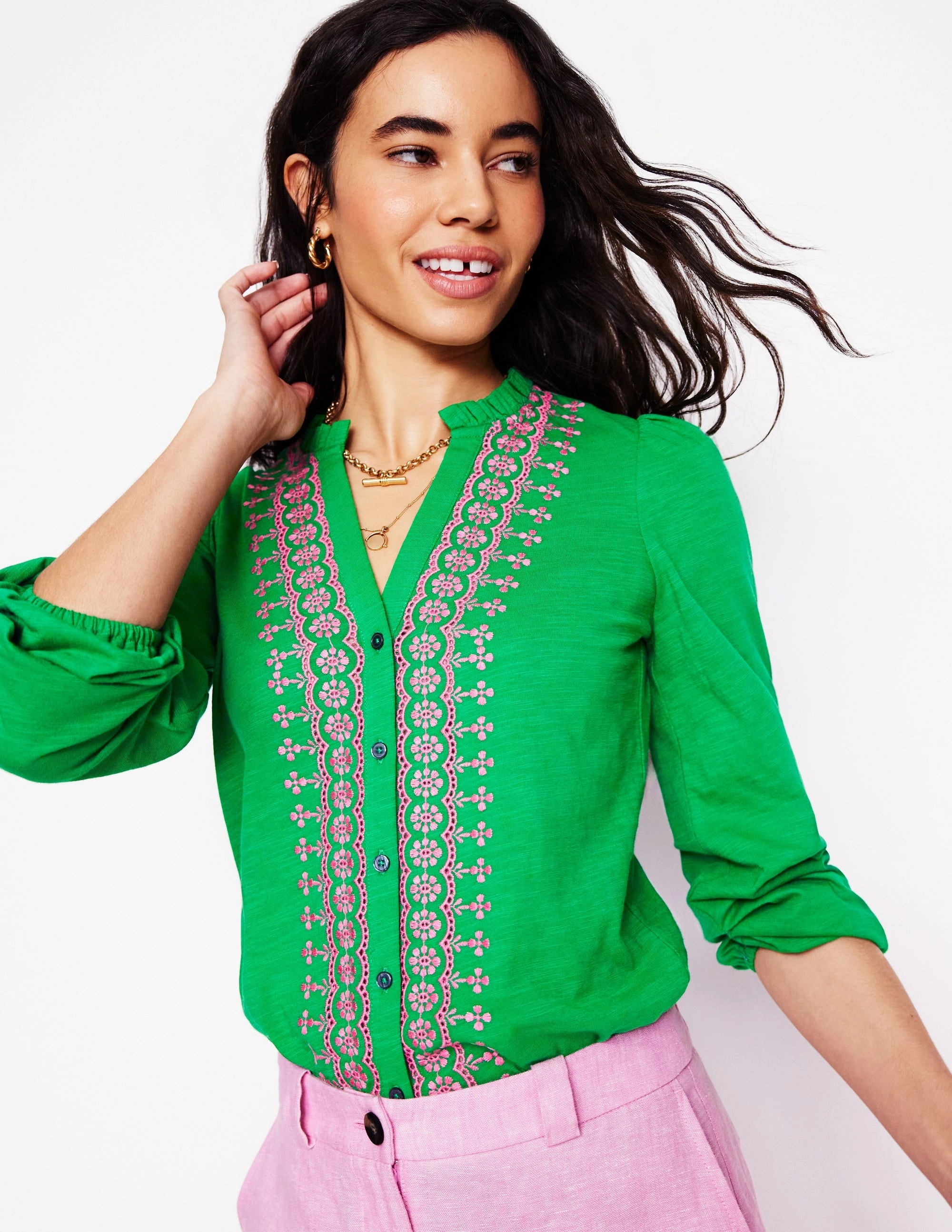 Layered Collar Structure Embroidered Frill Neck Blouse-Rich Emerald