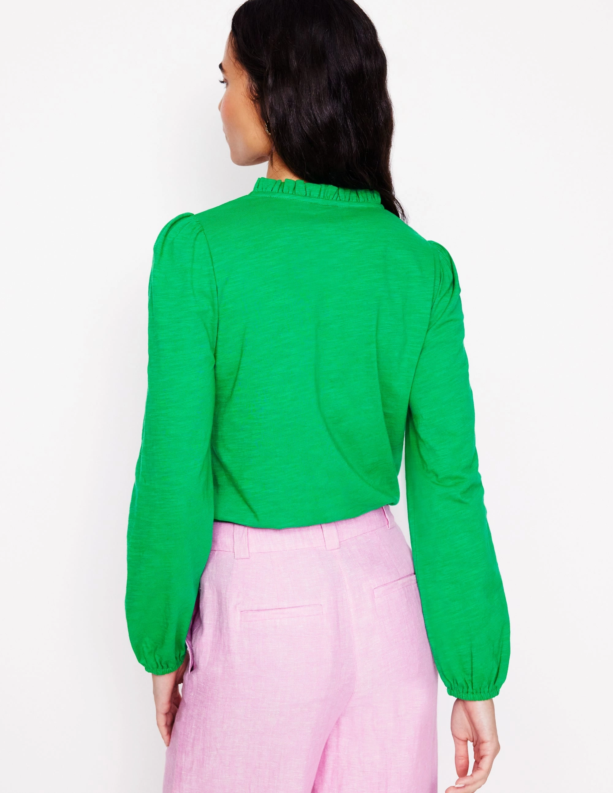 Embroidered Frill Neck Blouse-Rich Emerald Timeless Top