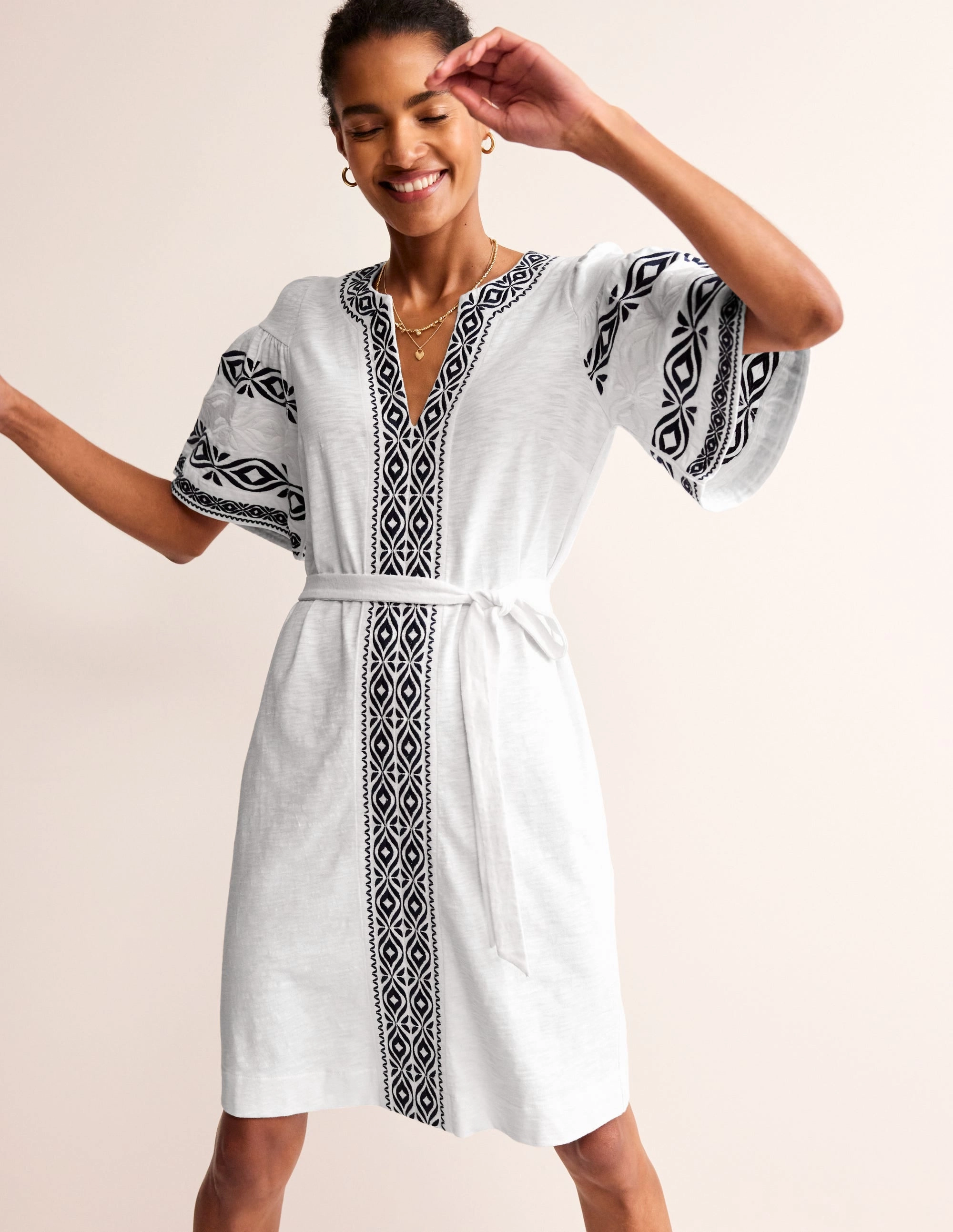 Embroidered Jersey Short Dress-White Timeless Piece