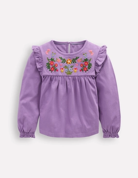 Oversized Cut Glossy Look Embroidered Jersey Yoke Top-Aster Purple Embroidery