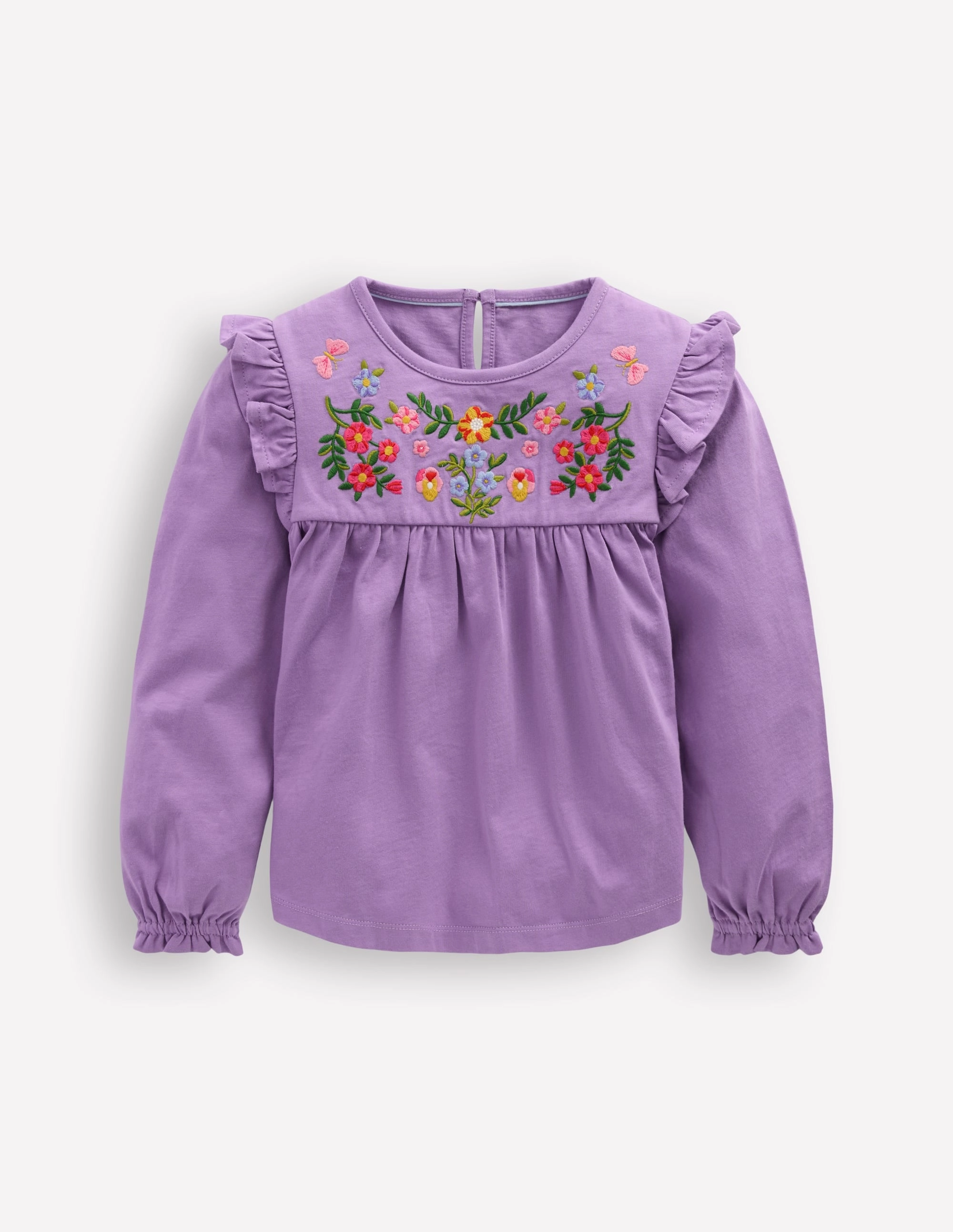 Oversized Cut Glossy Look Embroidered Jersey Yoke Top-Aster Purple Embroidery