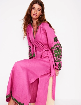 Easy and Effortless Embroidered Linen Tassel Dress-Sorbet Pink