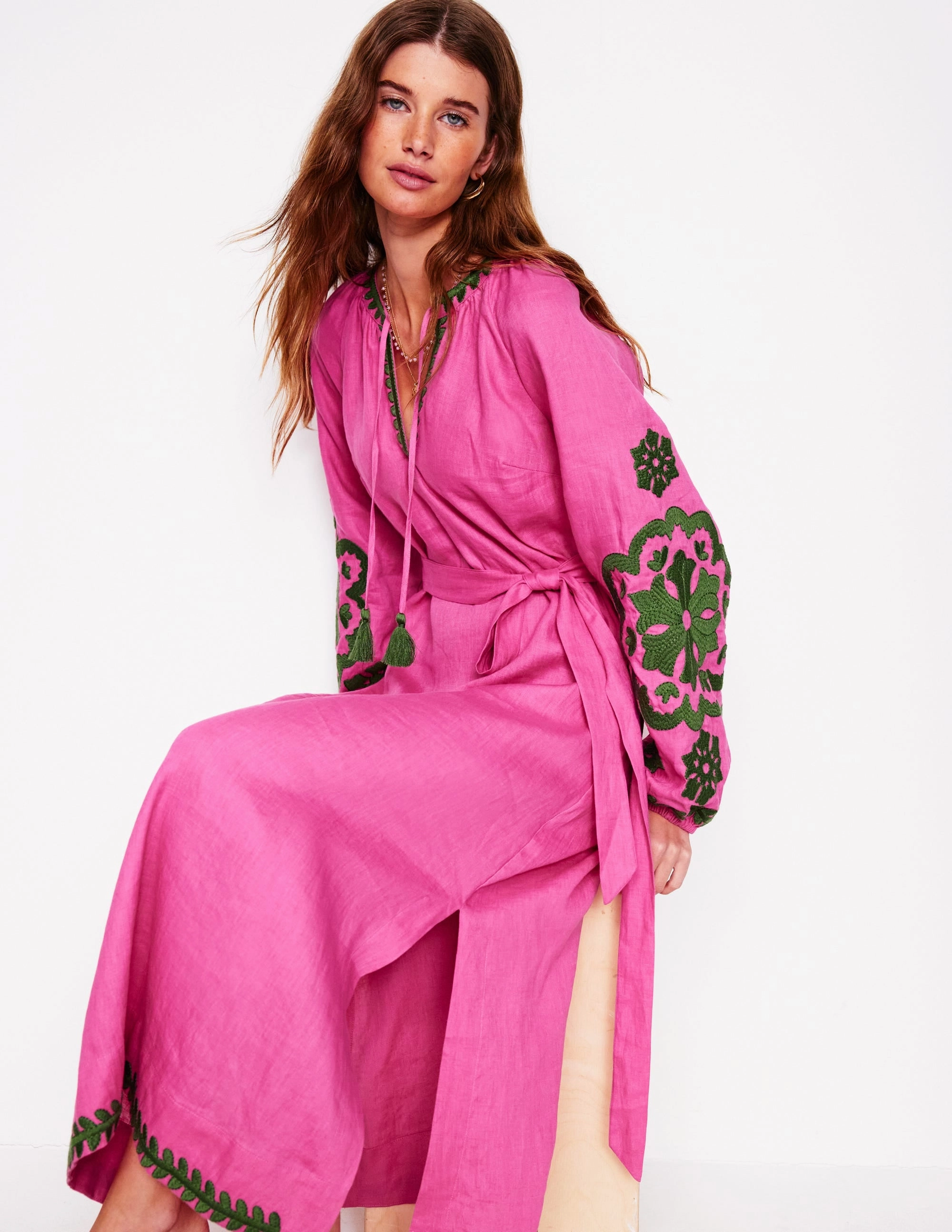 Easy and Effortless Embroidered Linen Tassel Dress-Sorbet Pink