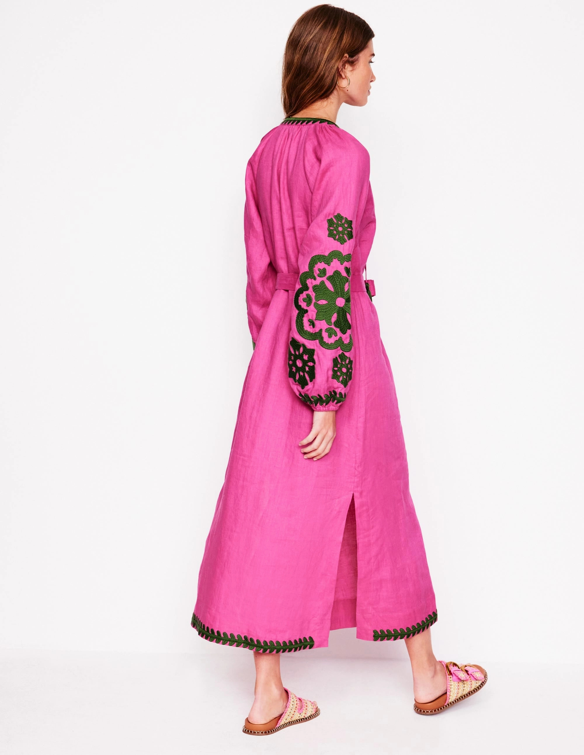 Embroidered Linen Tassel Dress-Sorbet Pink Flared-Hem