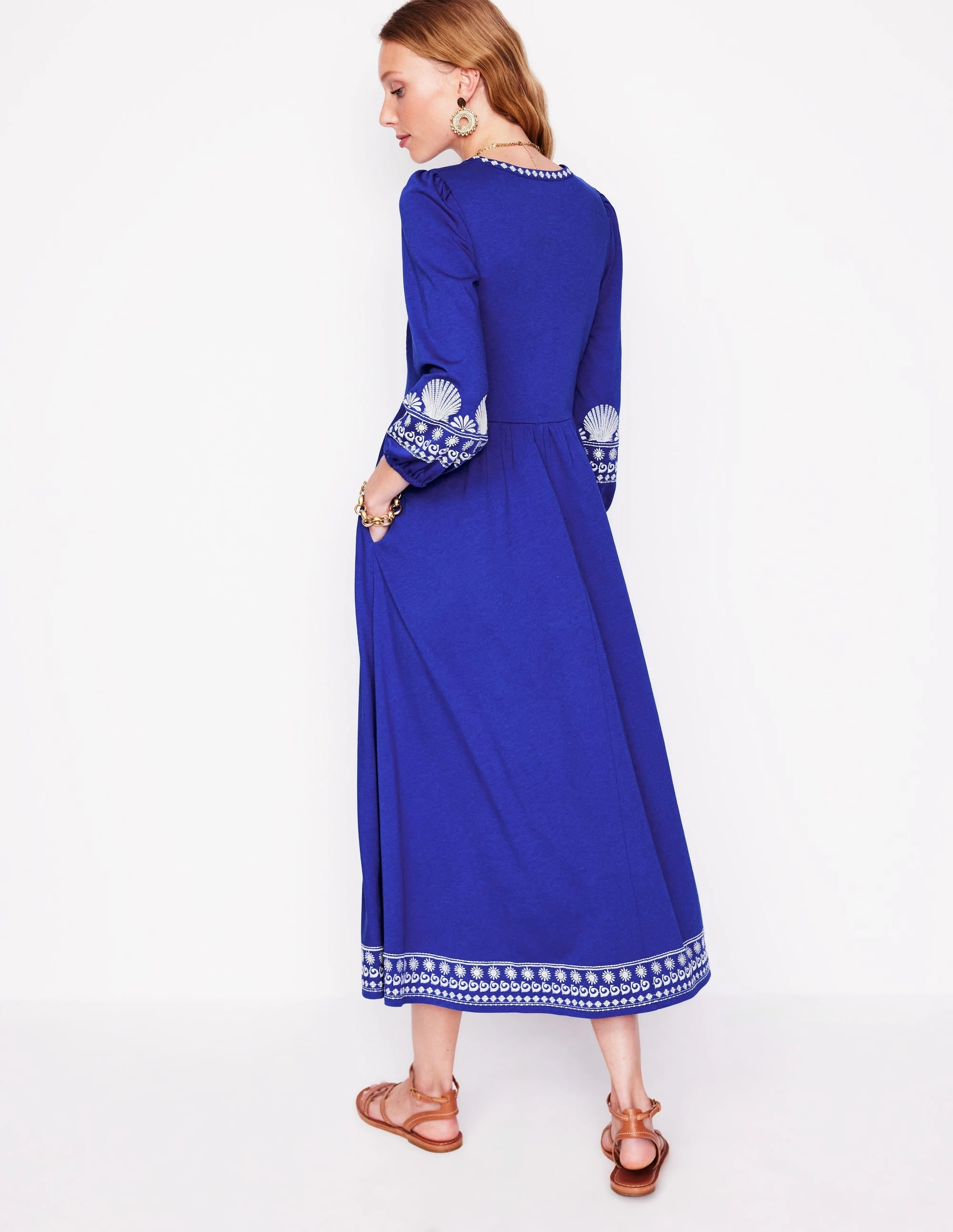 Texture Blend Basic Warm Embroidered Notch Neck Dress-Bright Blue, Ivory