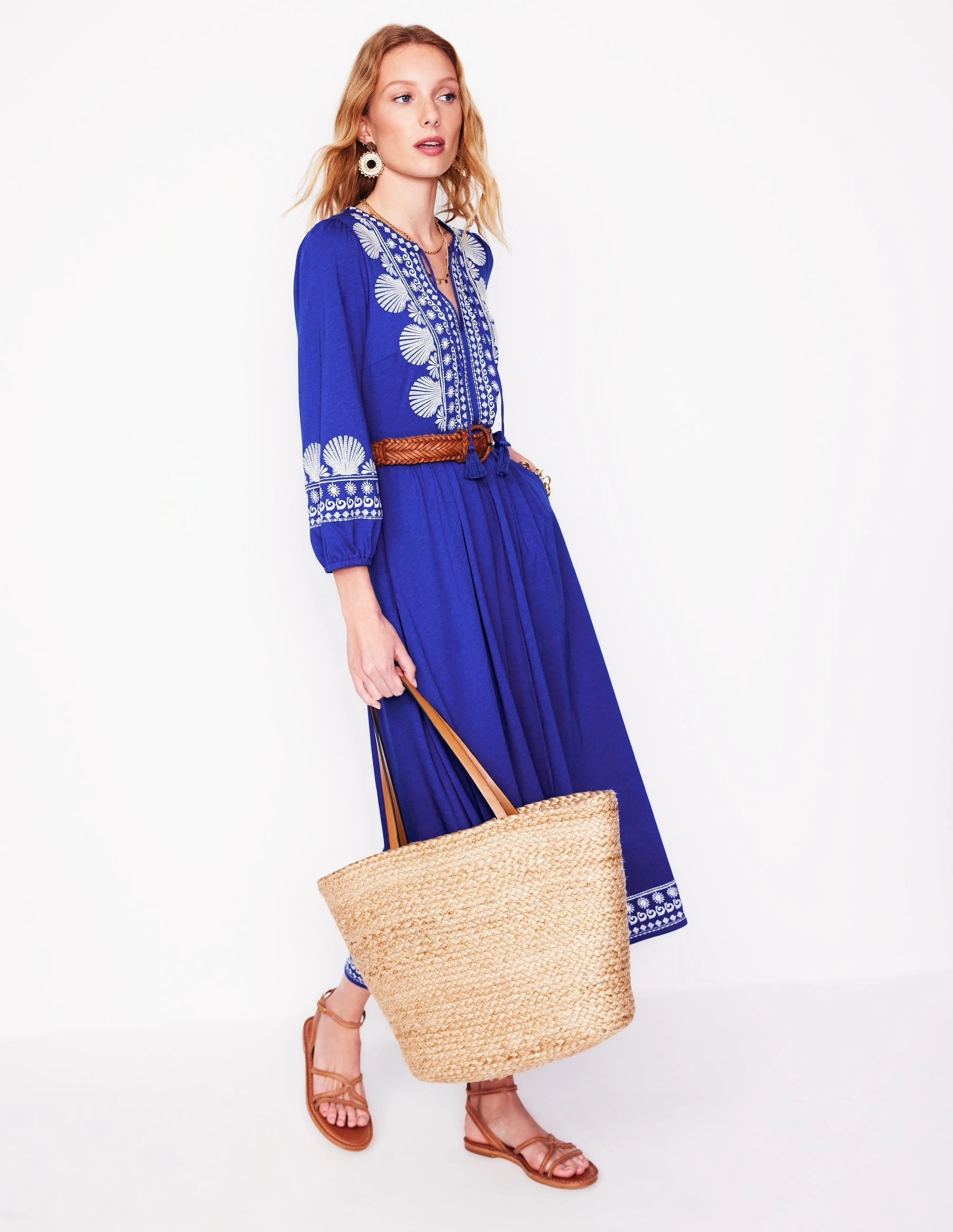 Embroidered Notch Neck Dress-Bright Blue, Ivory Dreamy Touch Warm Soft