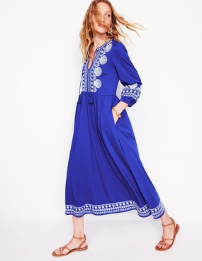 Modern Texture Silky Drape Embroidered Notch Neck Dress-Bright Blue, Ivory