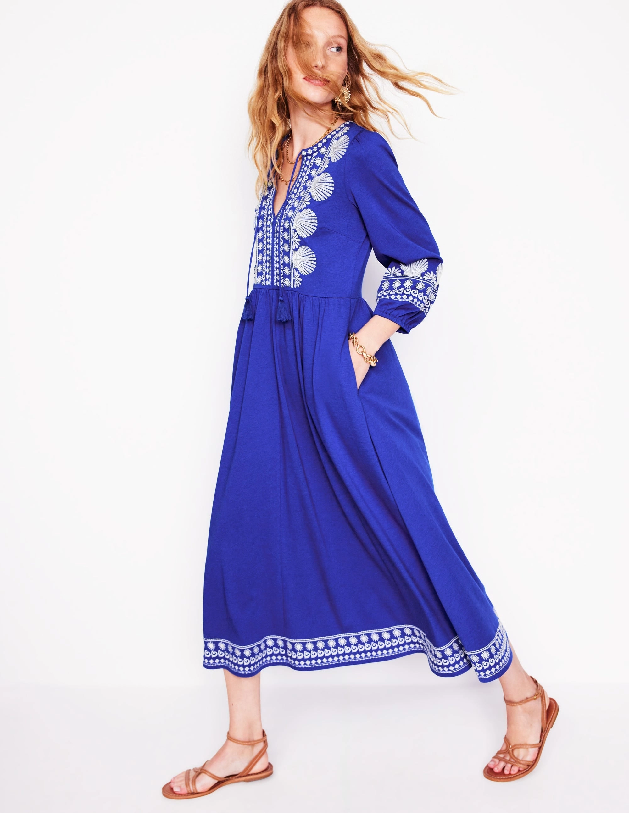 Modern Texture Silky Drape Embroidered Notch Neck Dress-Bright Blue, Ivory