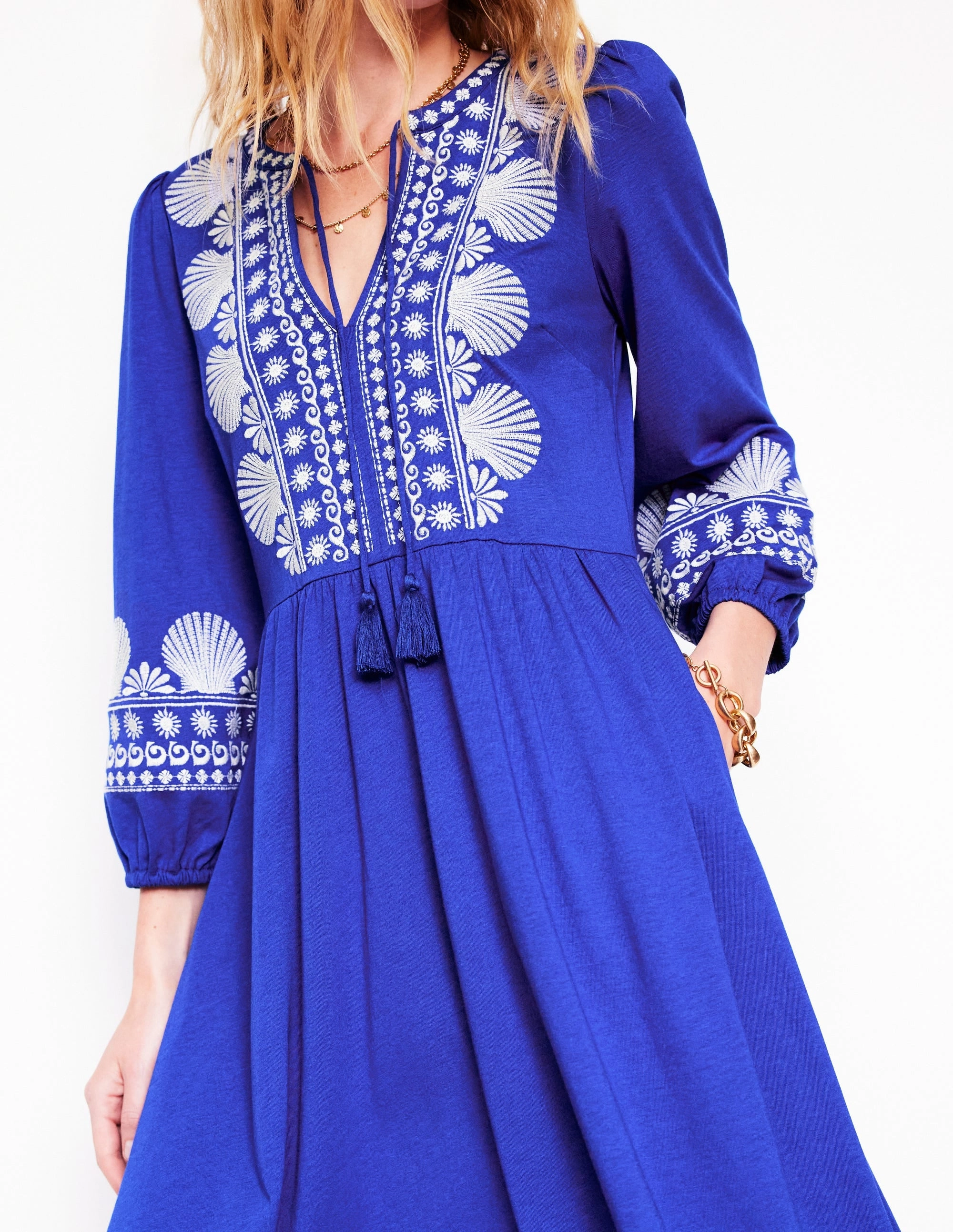 Embroidered Notch Neck Dress-Bright Blue, Ivory Relaxed Vibe Basic Cool