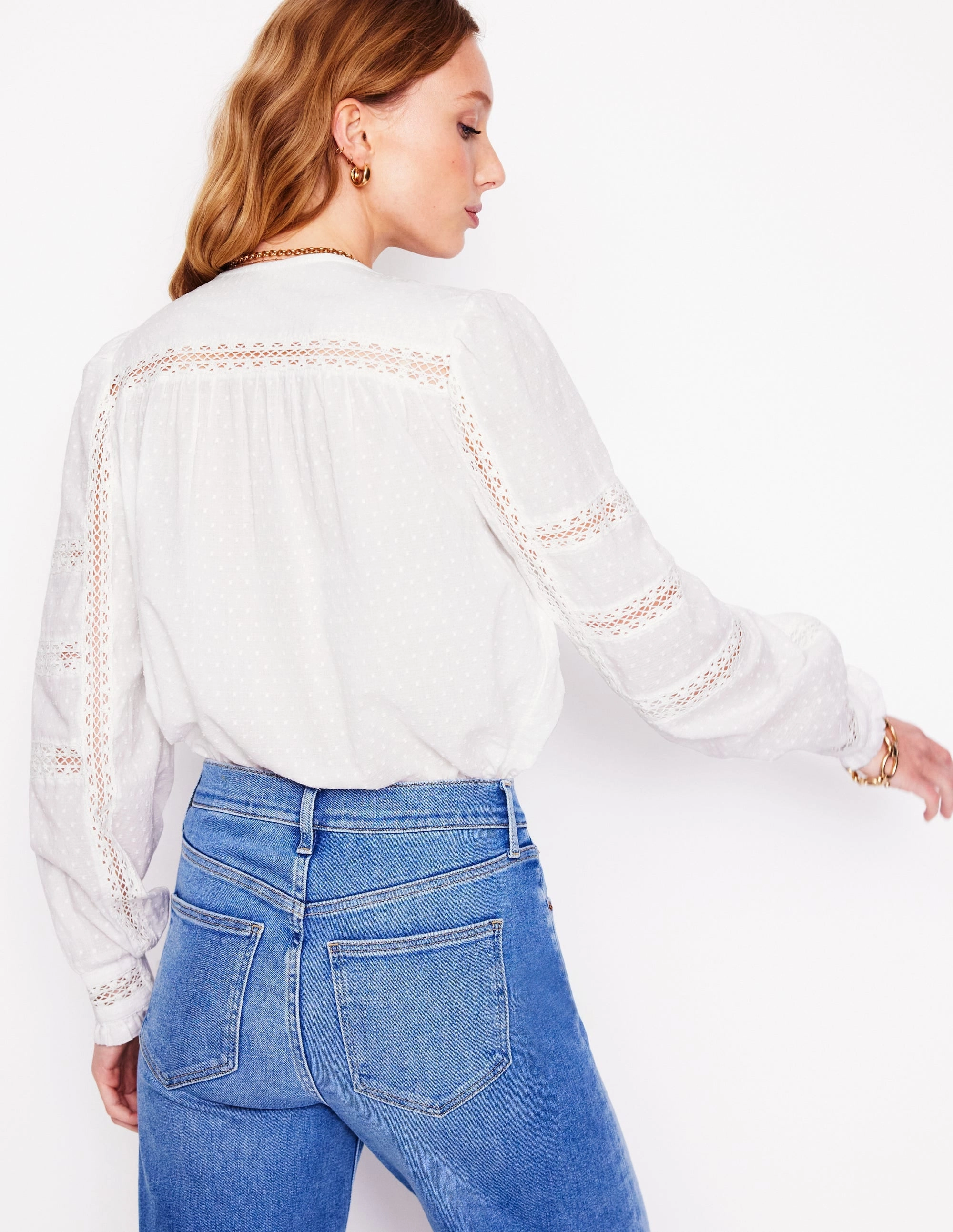 spring fashion Embroidered Panel Blouse-White