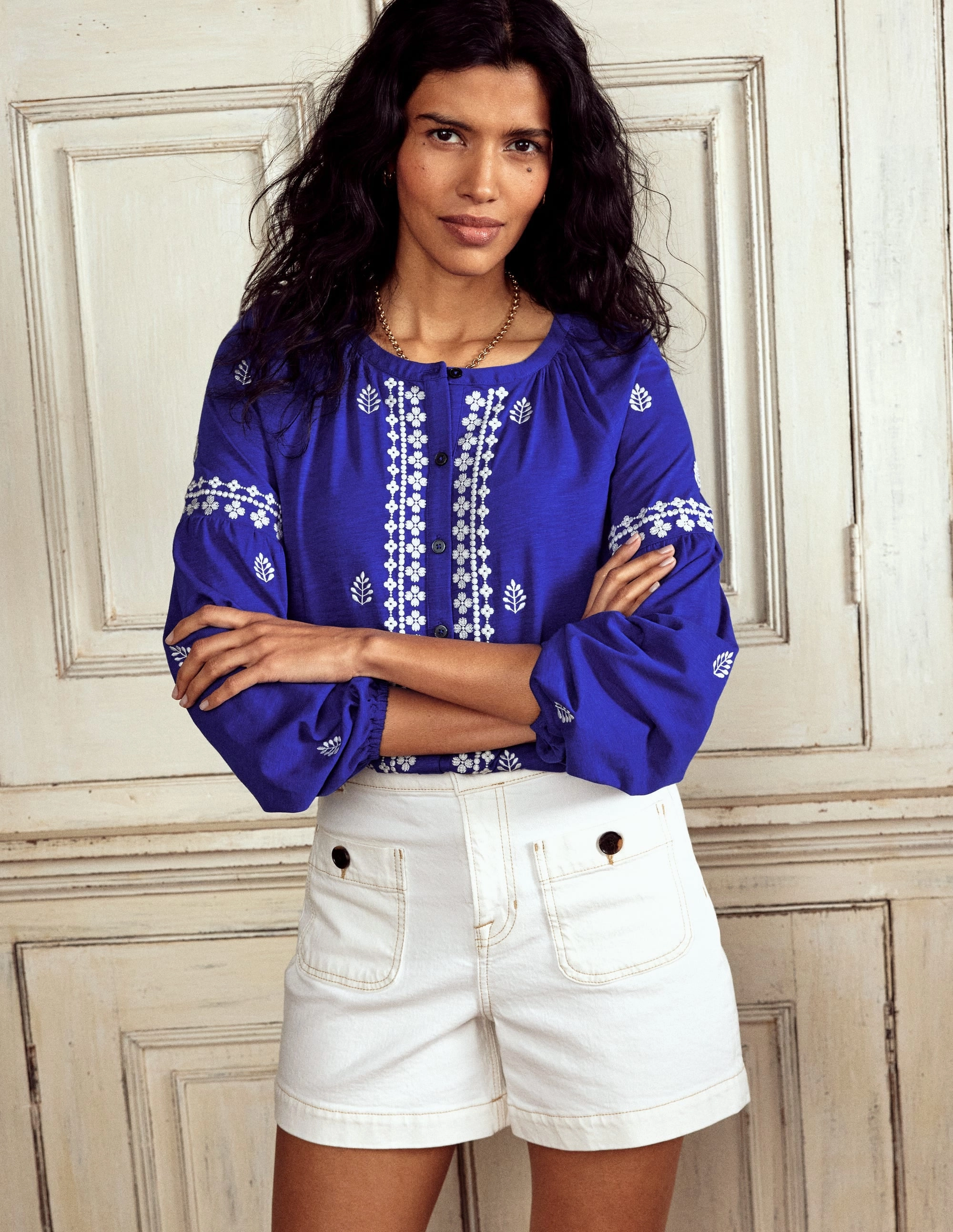 Embroidered Seam Sleeve Shirt-Bright Blue Fade Resistant Coating